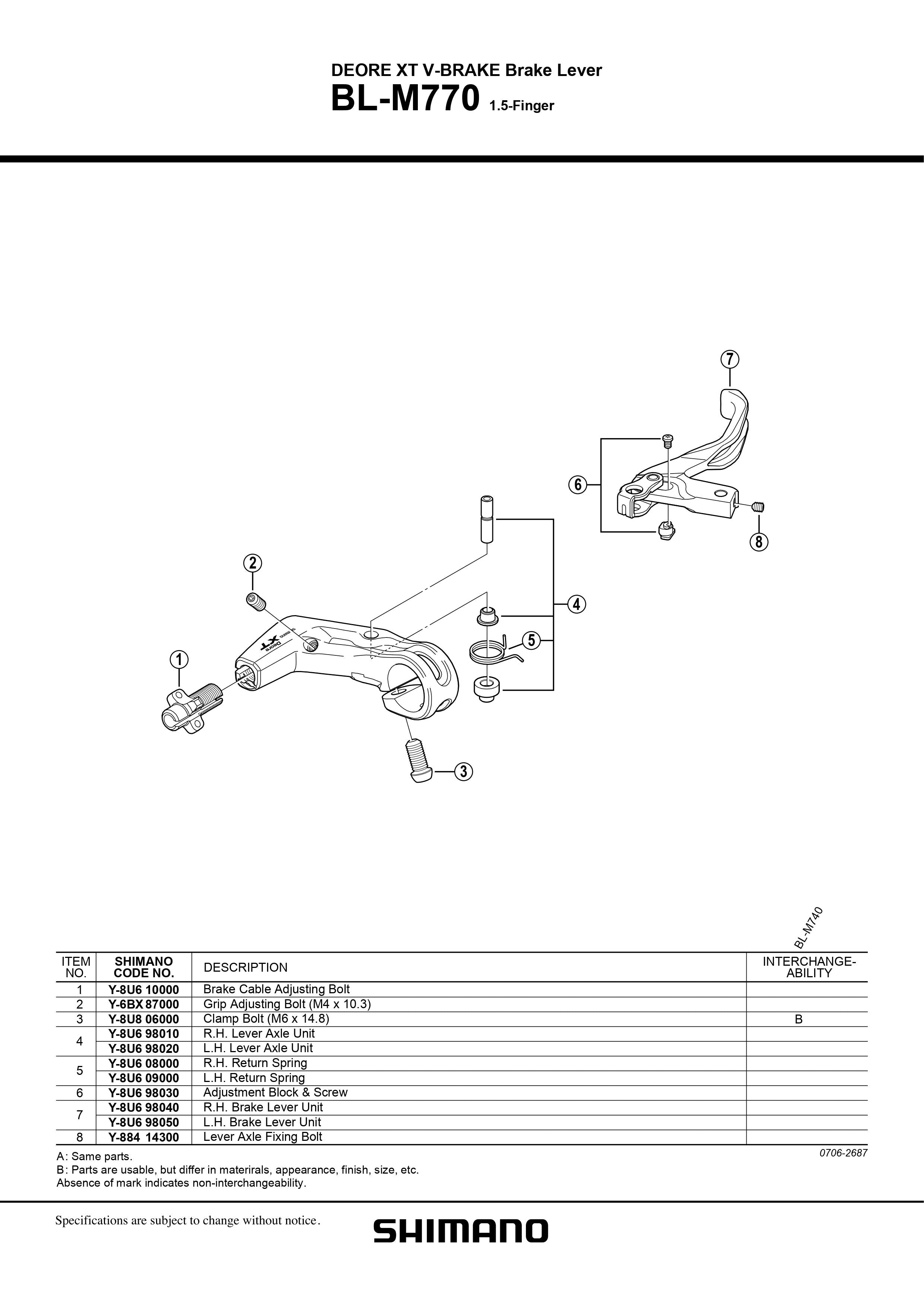 SHIMANO Deore XT BL-M770 V-Brake Lever Unit 1.5-Finger Right Hand - Y8U698040-Pit Crew Cycles
