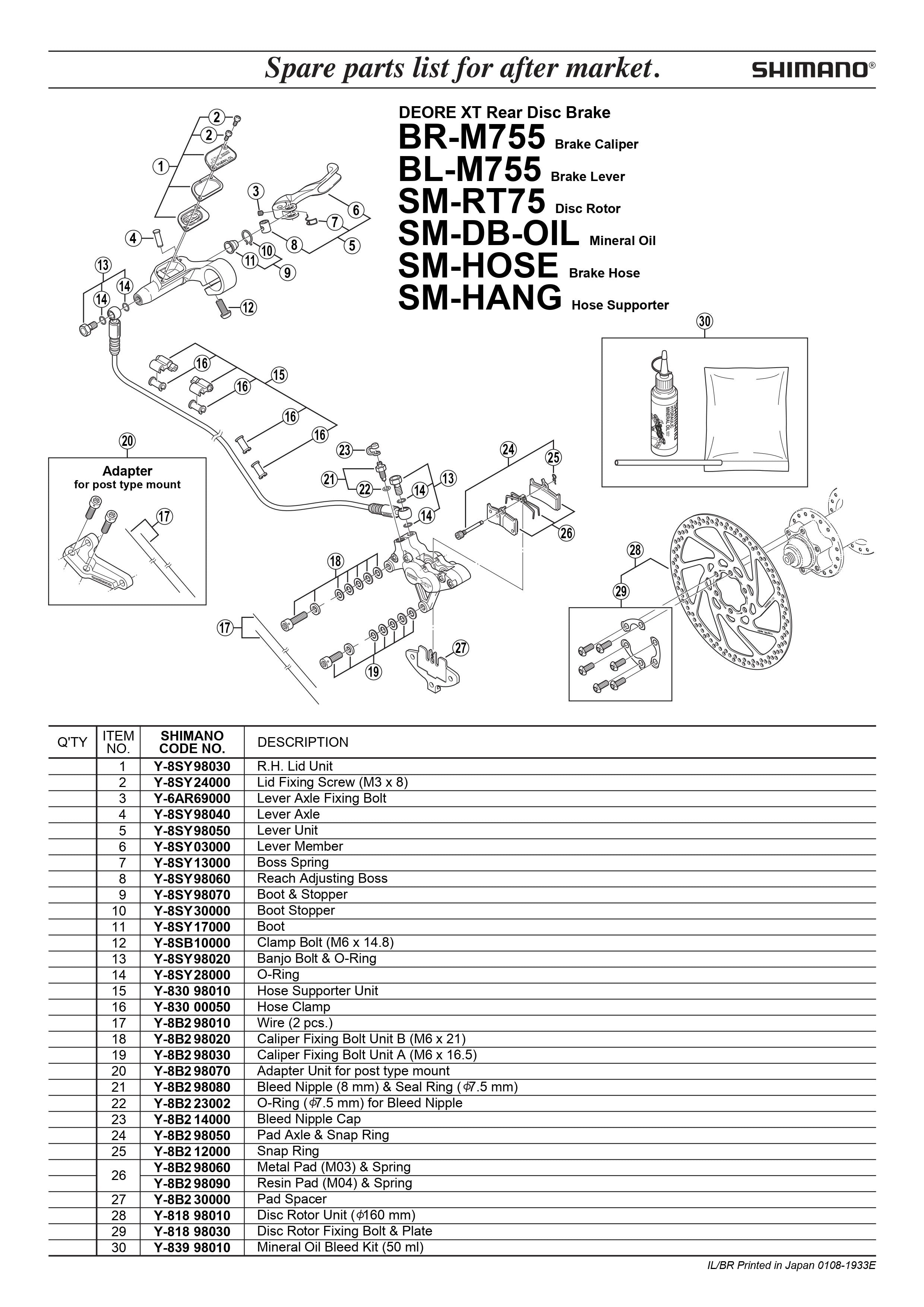 SHIMANO Deore XT BR-M755 Rear Disc Brake Caliper 4-Piston Small