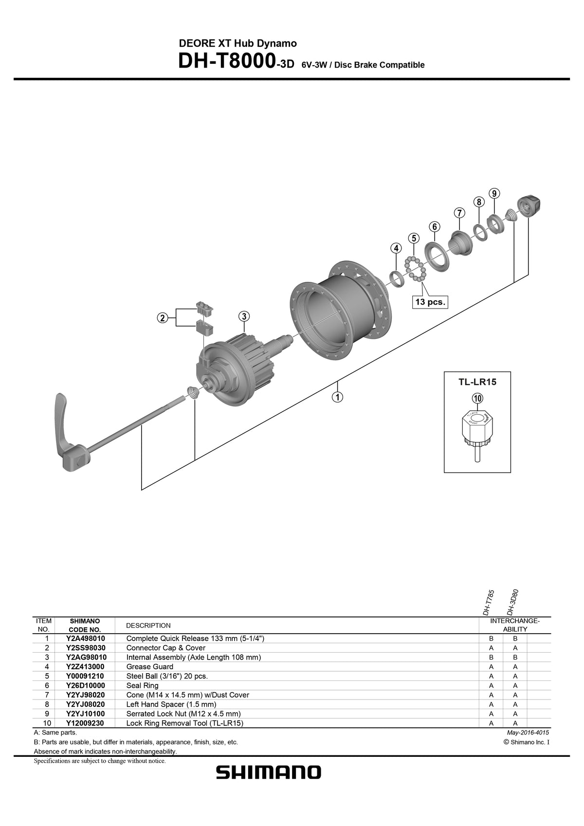 SHIMANO Deore XT DH-T8000-3D Hub Dynamo Internal Assembly Axle Length 108 mm - Y2AG98010-Pit Crew Cycles