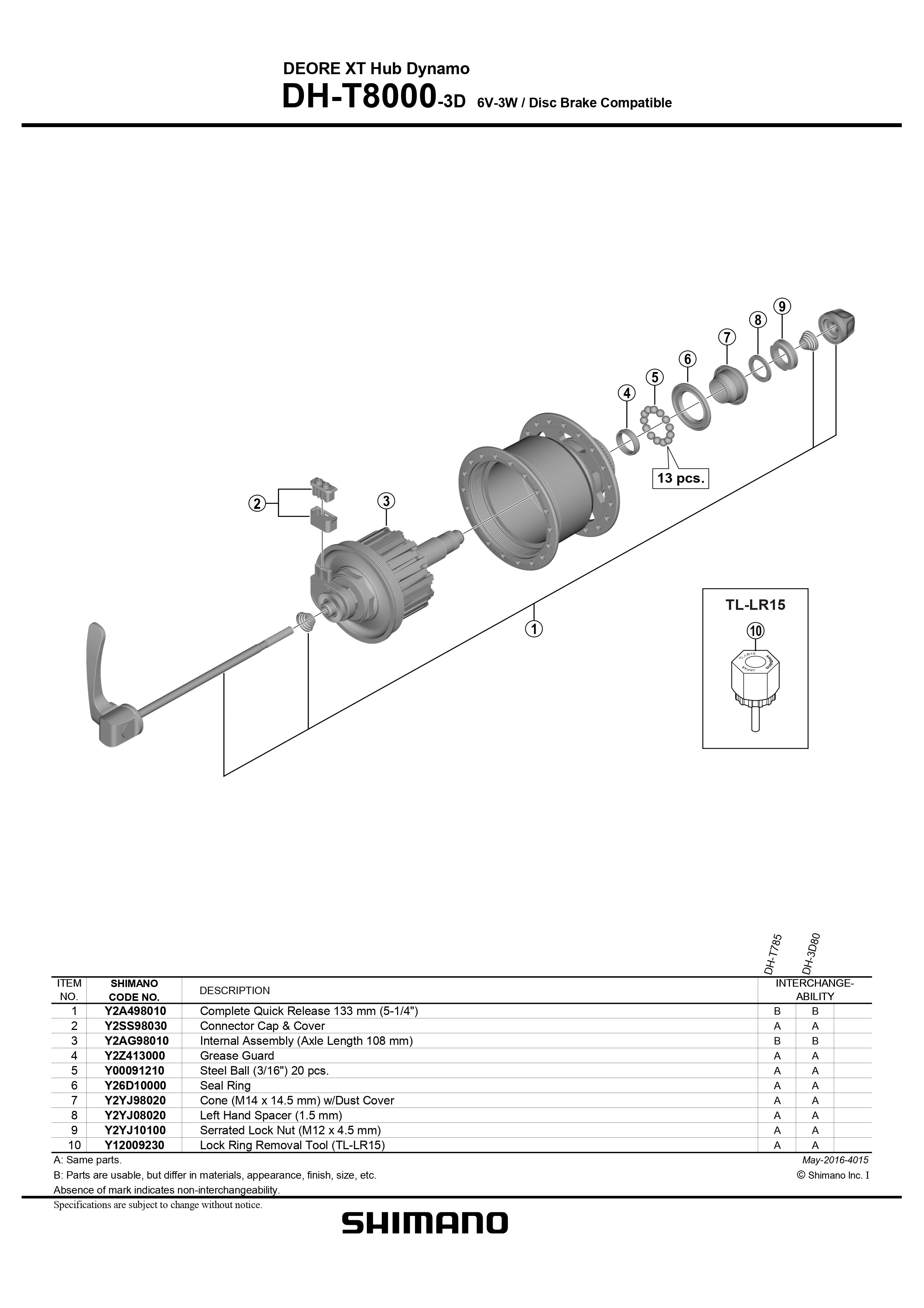 SHIMANO Deore XT DH-T8000-3D Hub Dynamo Internal Assembly Axle Length 108 mm - Y2AG98010-Pit Crew Cycles