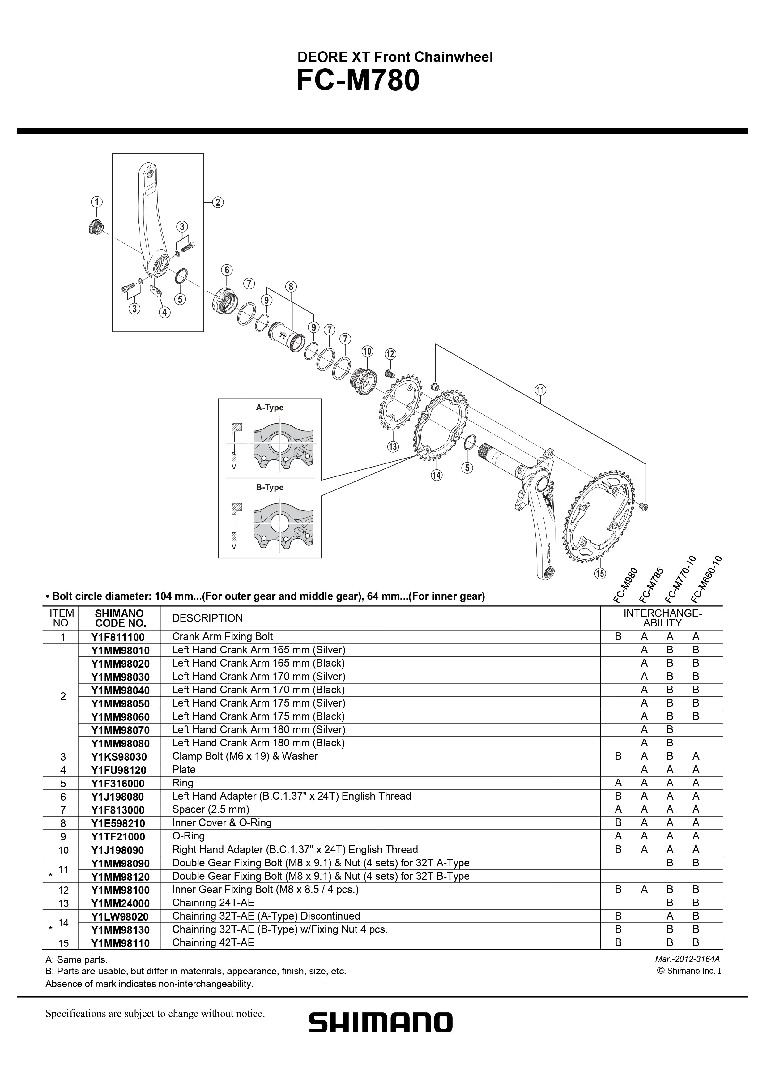 SHIMANO Deore XT FC-M780 Front Chainwheel Double Gear Fixing Bolt and Nut for 32T A-Type - Y1MM98090-Pit Crew Cycles