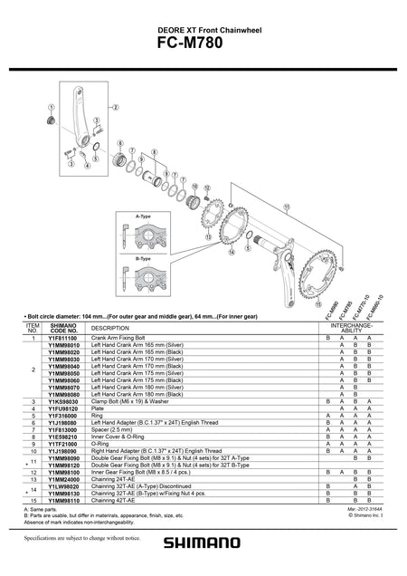 SHIMANO Deore XT FC-M780 Front Chainwheel Double Gear Fixing Bolt and Nut for 32T A-Type - Y1MM98090-Pit Crew Cycles