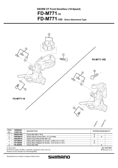 SHIMANO Deore XT FD-M771-10-10D Front Derailleur 10-Speed Direct Attachment Type Small Parts-Pit Crew Cycles