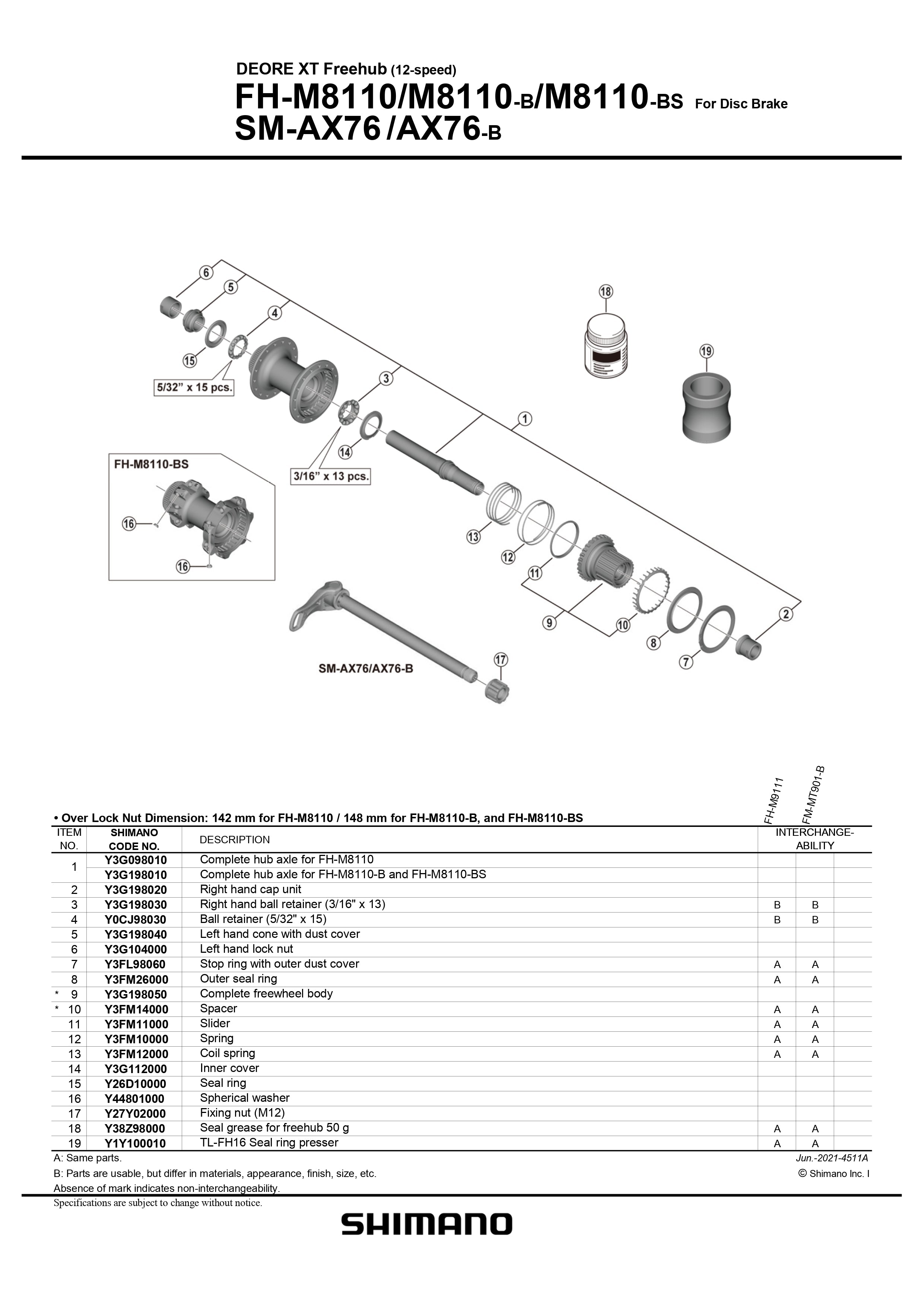 SHIMANO Deore XT FH-M8110 Freehub 12-Speed Rear Complete Hub Axle - 142mm - Y3G098010-Pit Crew Cycles