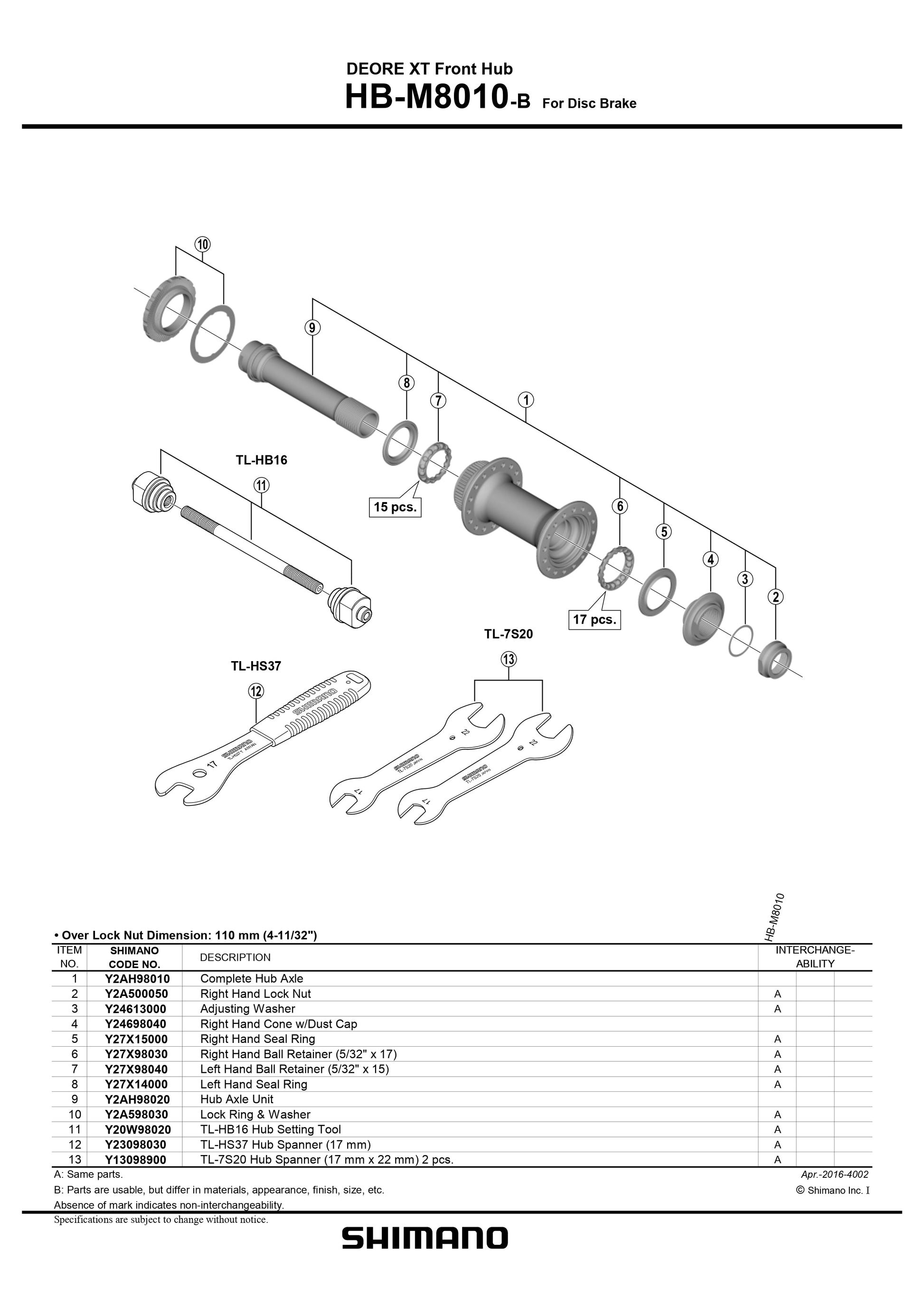 Shimano Deore XT Front Hub Service Kit