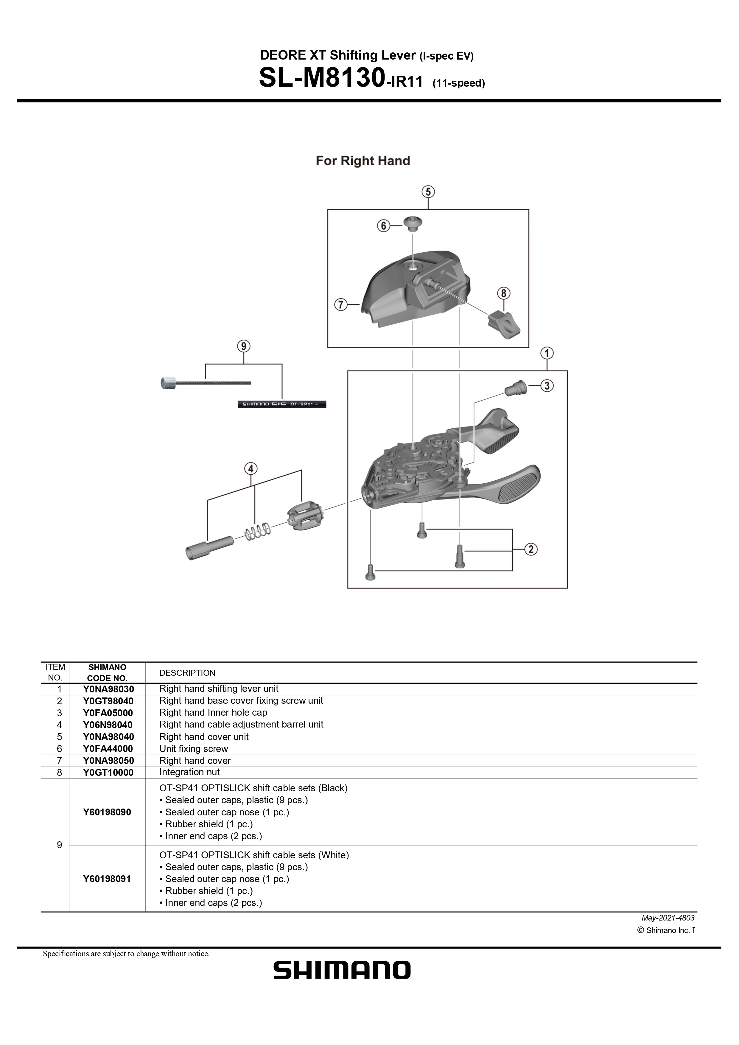 SHIMANO Deore XT SL-M8130-IR11 I-Spec EV Shifting Lever Right Hand Cover Unit - Y0NA98040-Pit Crew Cycles