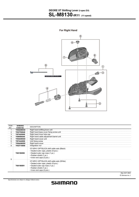 SHIMANO Deore XT SL-M8130-IR11 I-Spec EV Shifting Lever Right Hand Cover Unit - Y0NA98040-Pit Crew Cycles