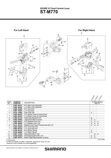 SHIMANO Deore XT ST-M770 Dual Control Shifter Lever Left Hand Release Lever Unit - Y6MS98080-Pit Crew Cycles