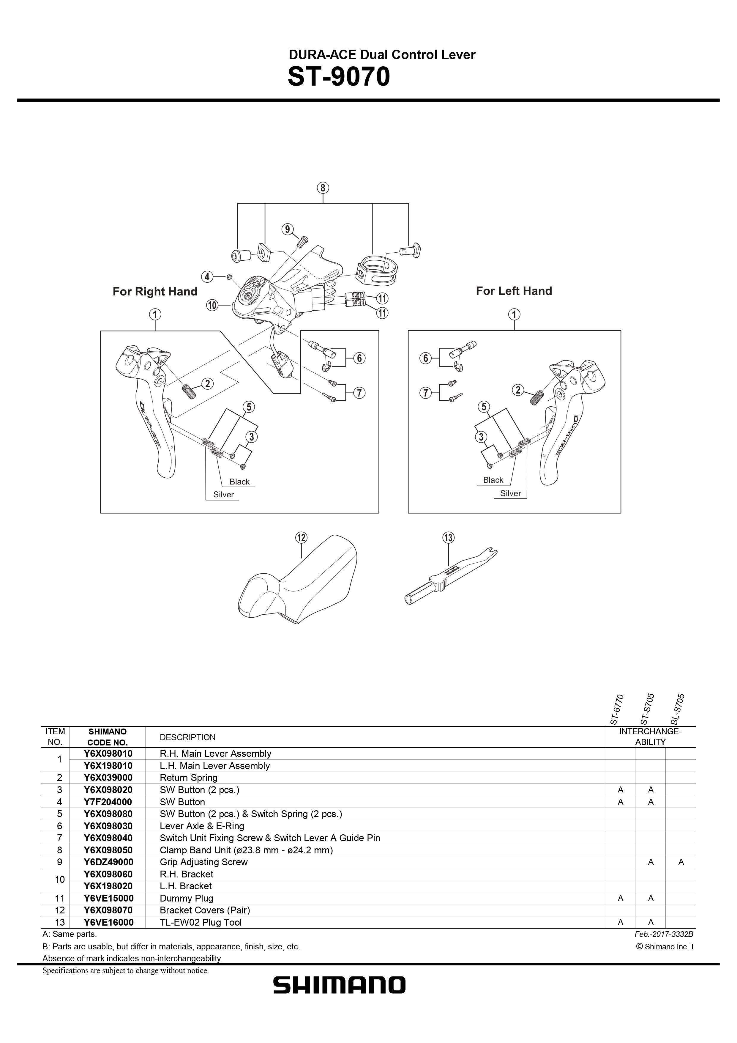 SHIMANO Dura-Ace Di2 ST-9070 STI Lever SW Button and Switch