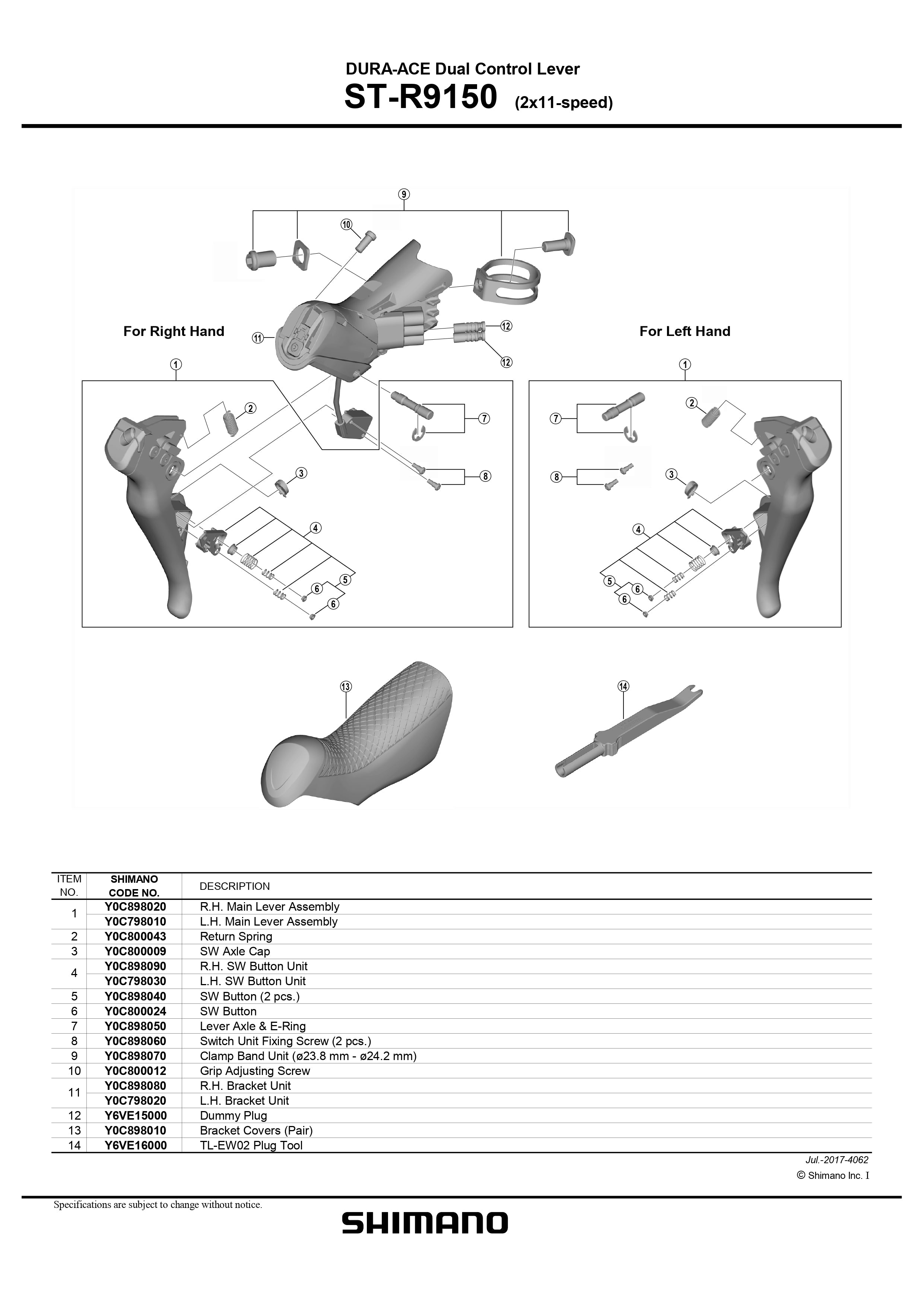 SHIMANO Dura-Ace Di2 ST-R9150 Dual Control Lever 2x11-Speed Left Hand Main Lever Assembly - Y0C798010-Pit Crew Cycles