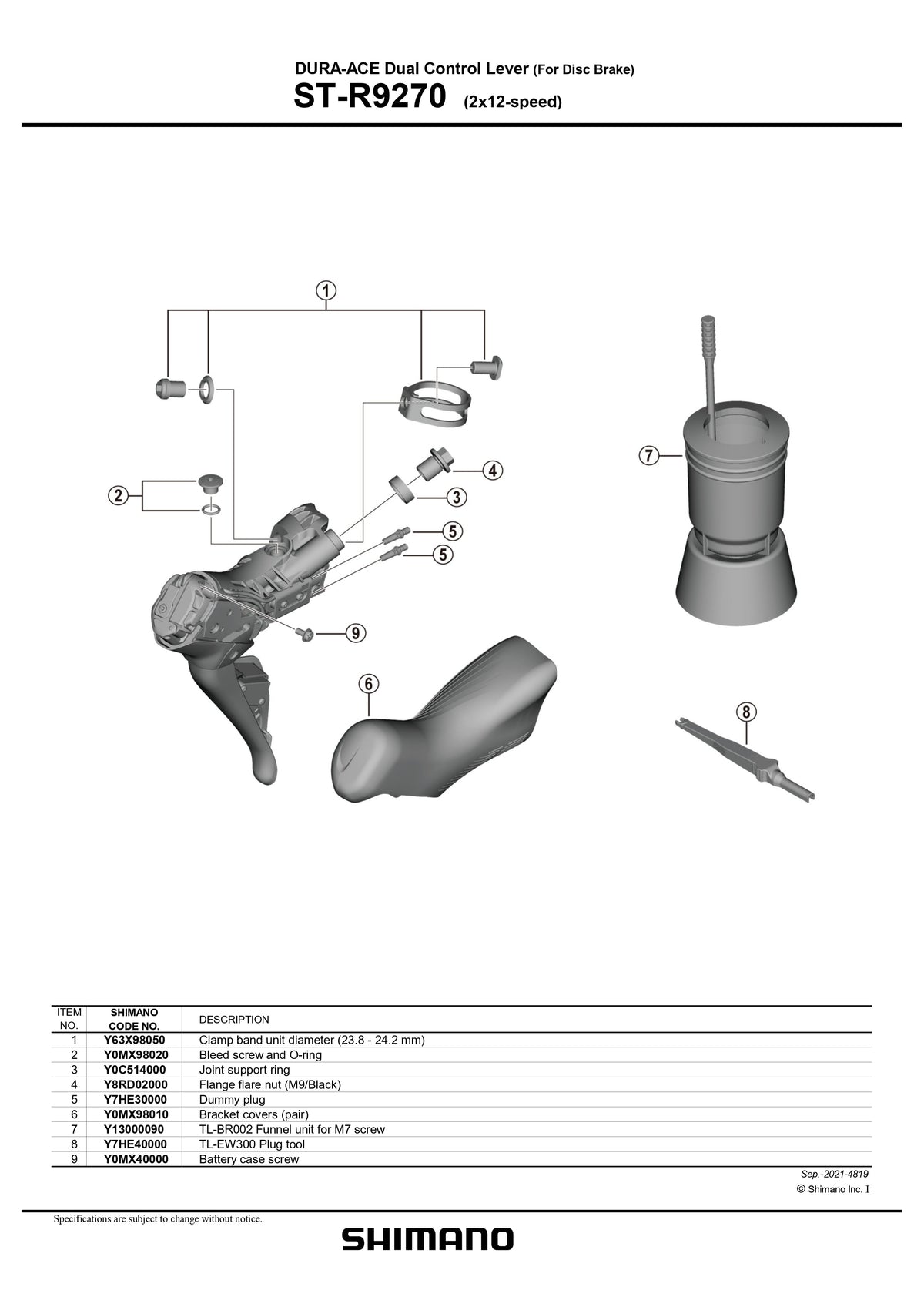 SHIMANO Dura-Ace Di2 ST-R9270 Dual Control Lever For Disc Brake 2x12-Speed Bleed Screw and O-Ring - Y0MX98020-Pit Crew Cycles