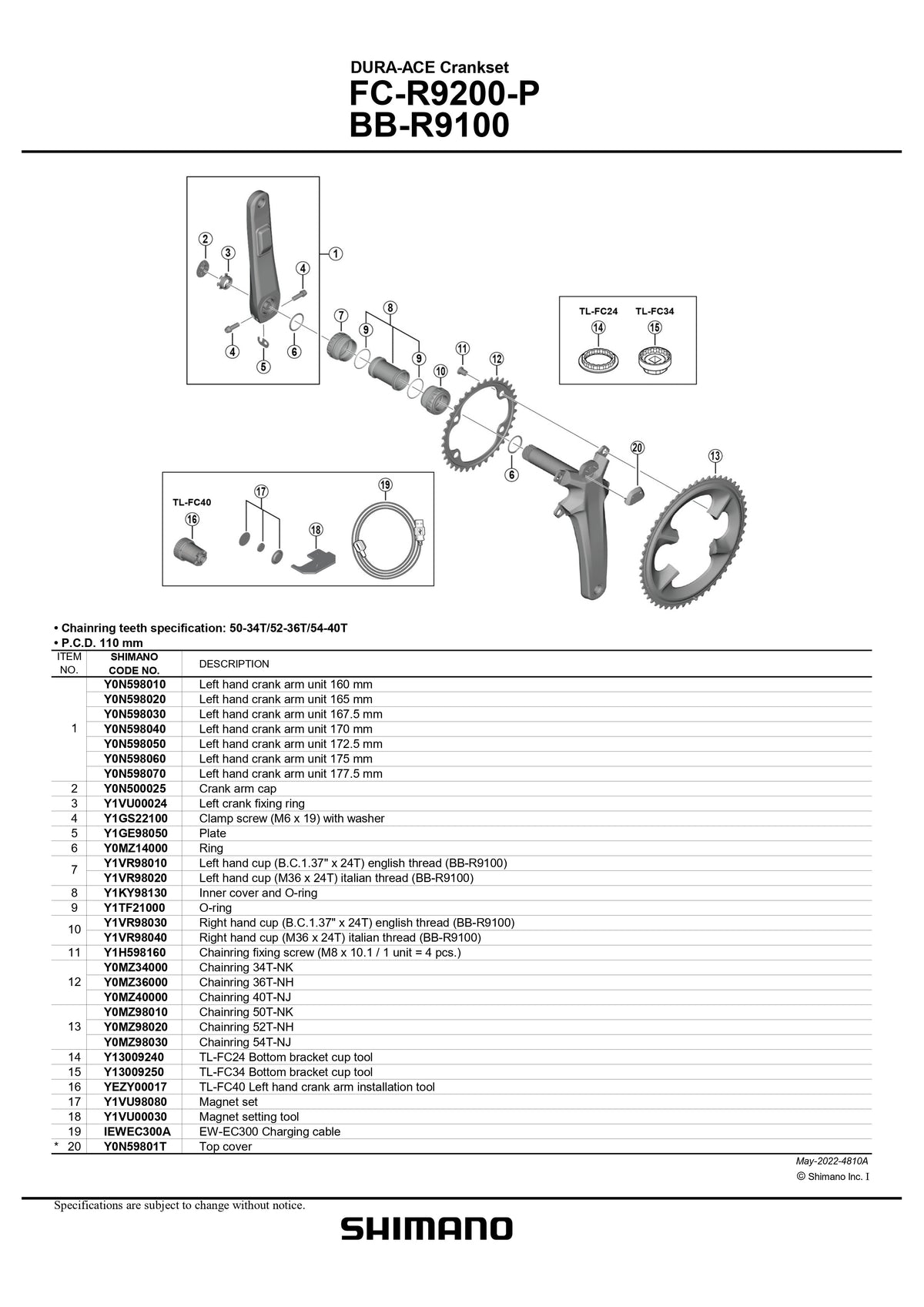 SHIMANO Dura Ace FC-R9200-P Crankset Crank Arm Cap - Y0N500025-Pit Crew Cycles