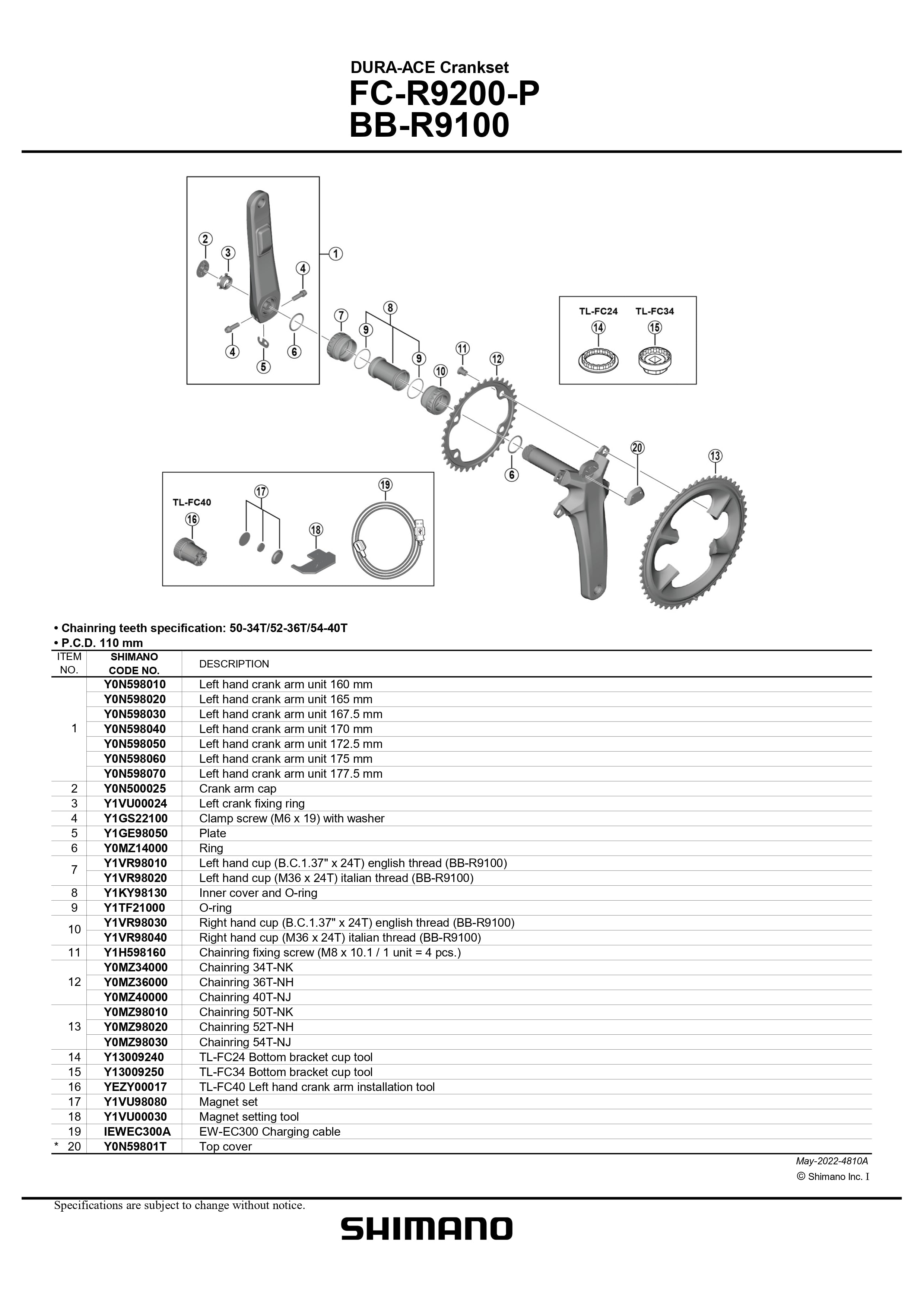 SHIMANO Dura Ace FC-R9200-P Crankset Crank Arm Cap - Y0N500025-Pit Crew Cycles