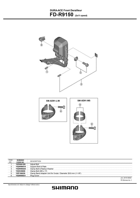 SHIMANO Dura-Ace FD-R9150 Front Derailleur Support Bolt and Plate - Y5ZW98010-Pit Crew Cycles
