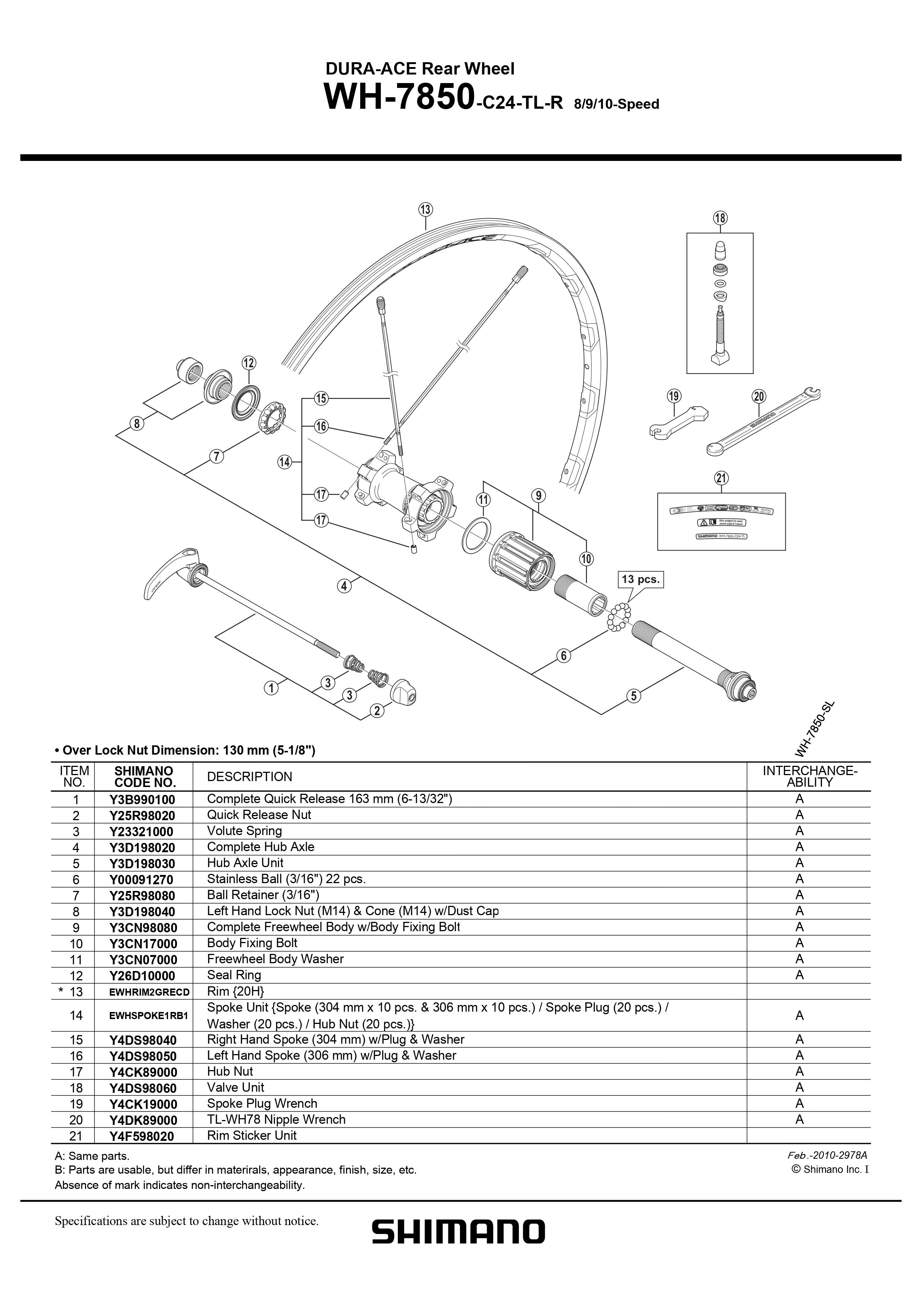 SHIMANO Dura-Ace WH-7850-C24-TL-R Rear Wheel Valve Unit - (8/9/10-Speed) -  Y4DS98060