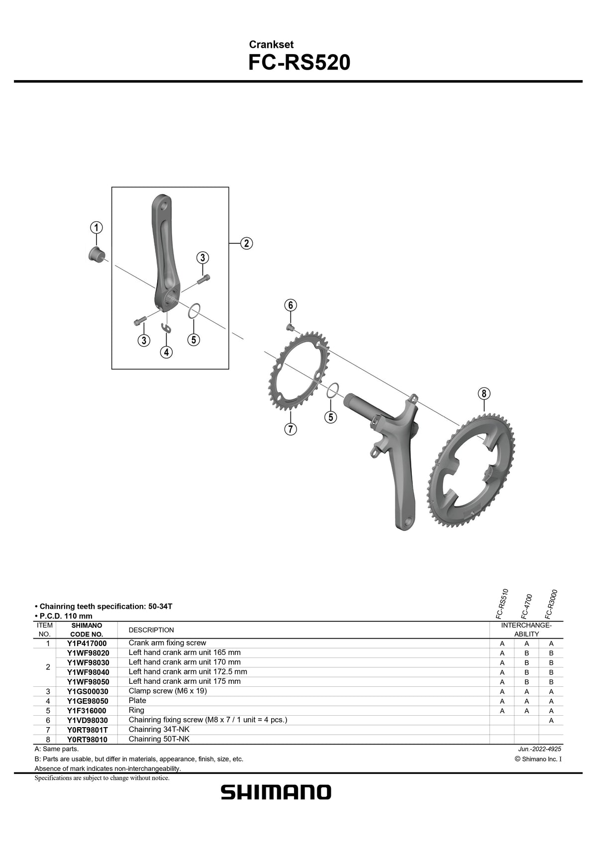 SHIMANO FC-RS520 Crankset Chainring-Pit Crew Cycles