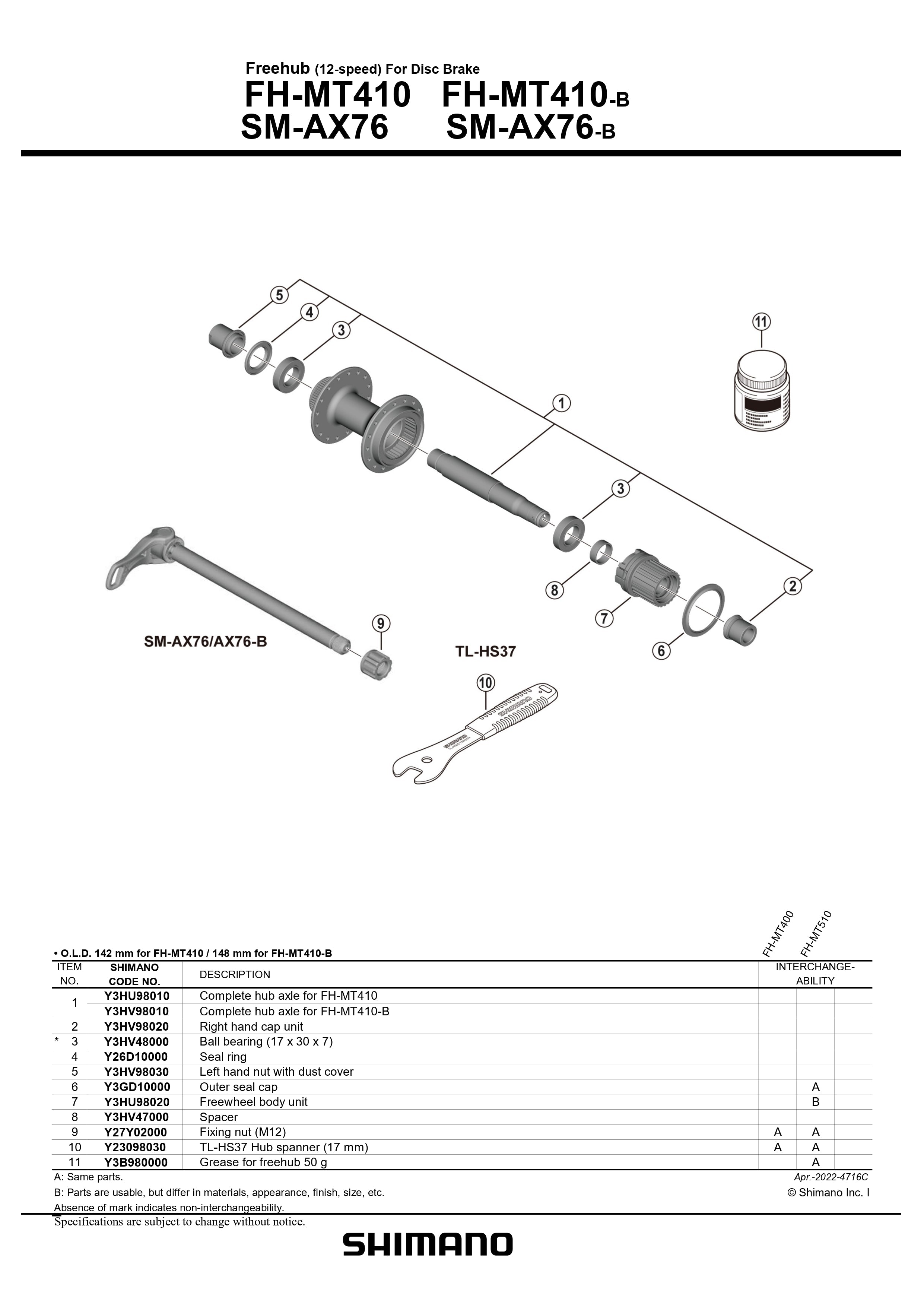 SHIMANO FH-MT410 Freehub 12-Speed For Disc Brake Rear Complete Hub