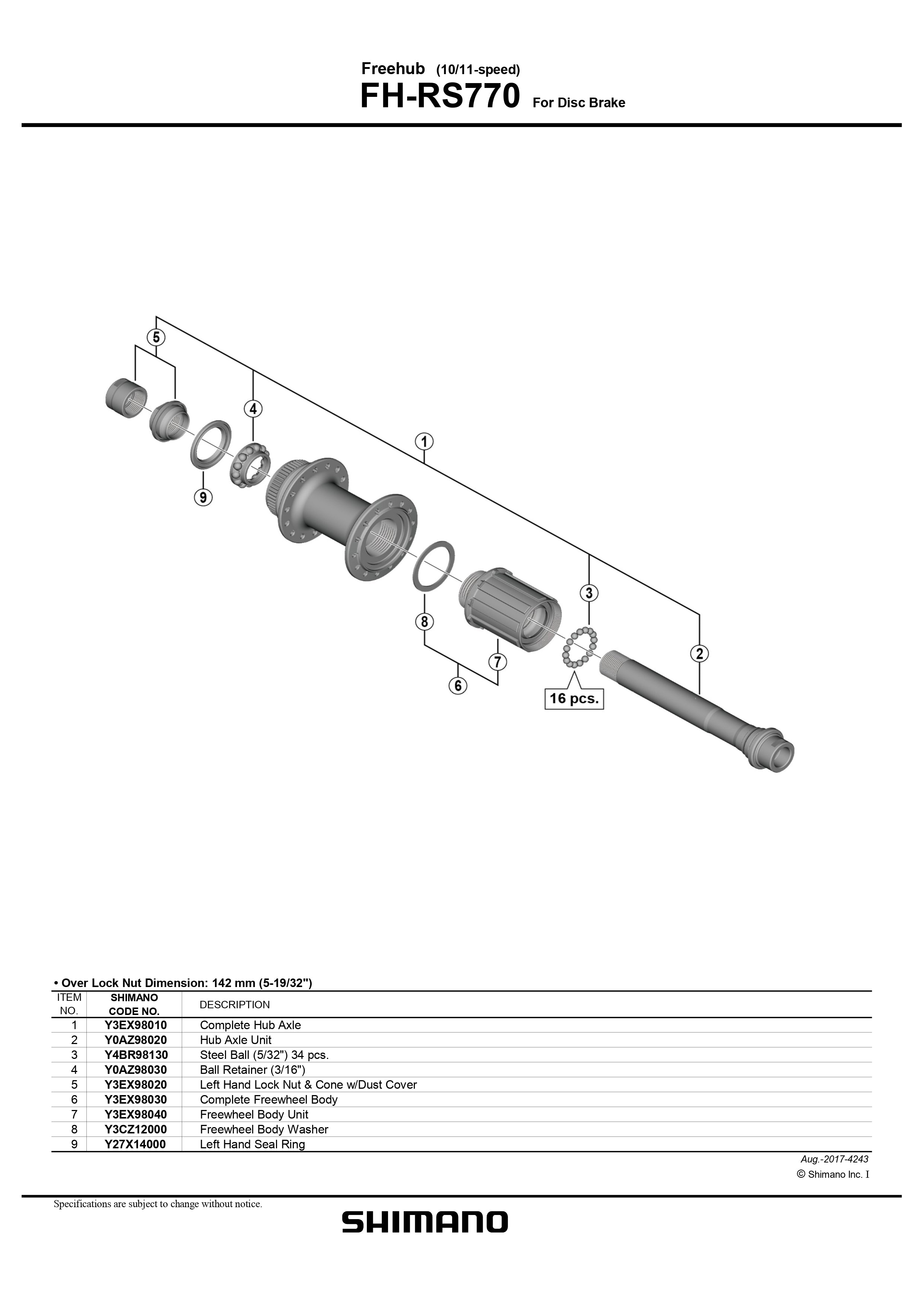 SHIMANO FH-RS770 Freehub For Disc Brake 10/11-Speed Rear Left Lock Nut and Cone - Y3EX98020-Pit Crew Cycles