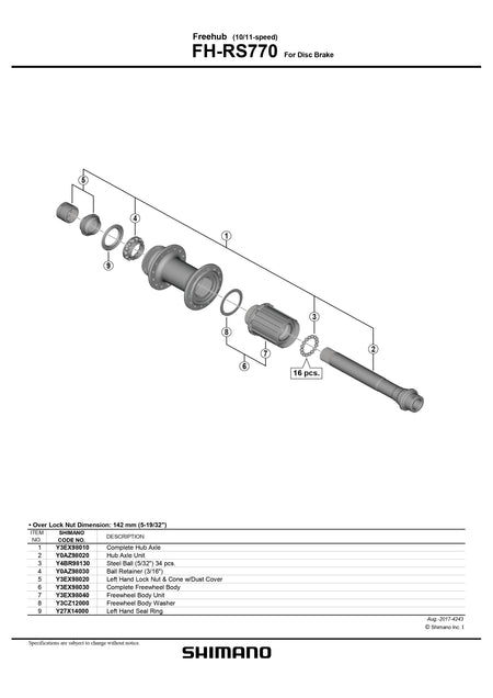 SHIMANO FH-RS770 Freehub For Disc Brake 10/11-Speed Rear Left Lock Nut and Cone - Y3EX98020-Pit Crew Cycles