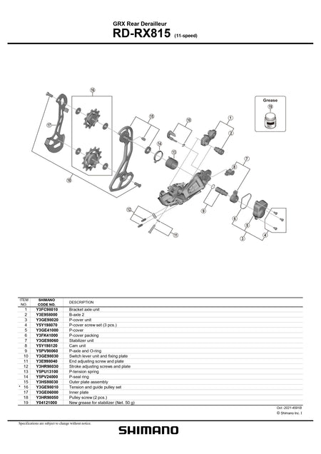 SHIMANO GRX Di2 RD-RX815 Rear Derailleur 11-Speed Outer Plate Assembly - Y3HS98030-Pit Crew Cycles