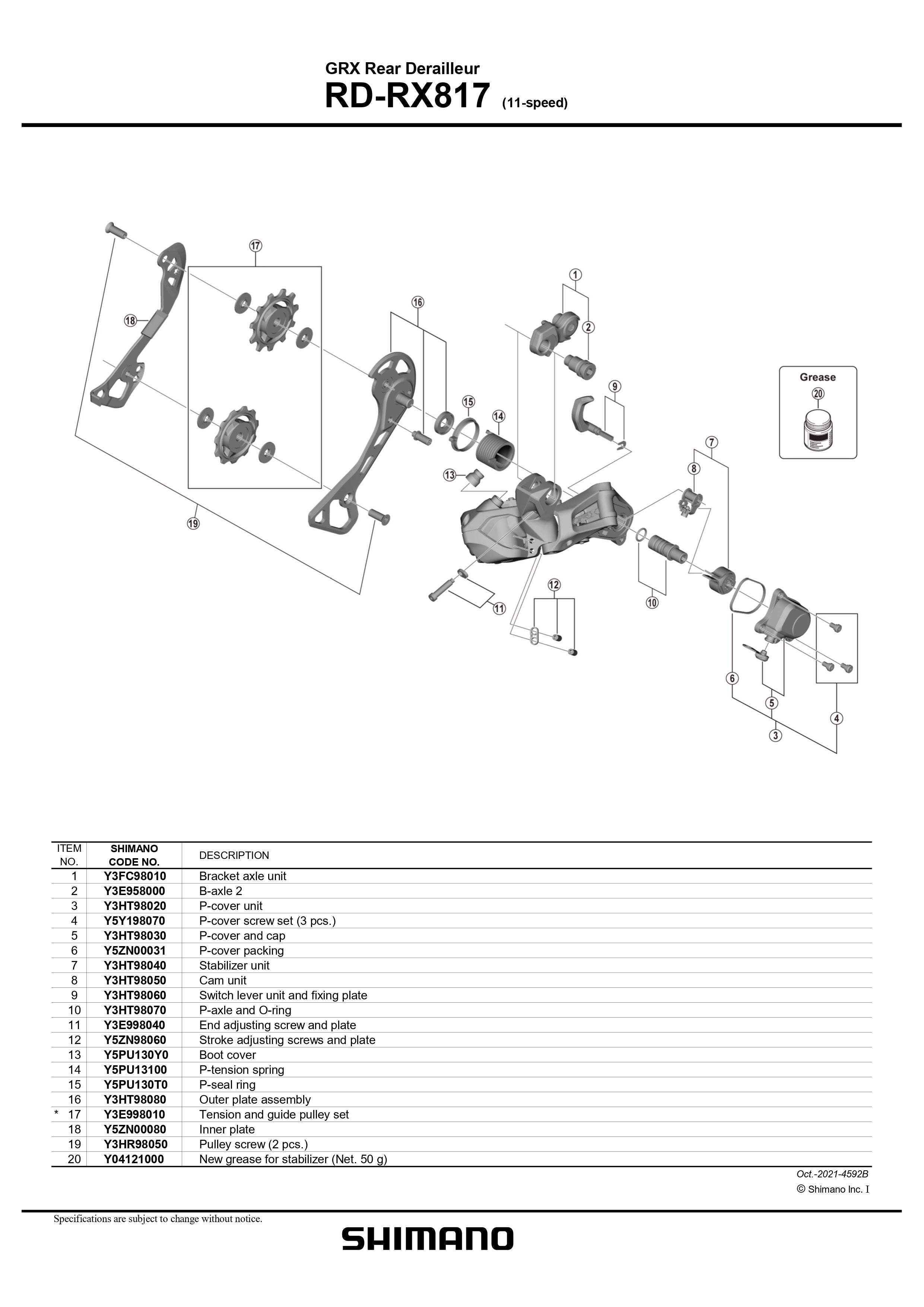 SHIMANO GRX Di2 RD-RX817 Rear Derailleur 11-Speed Inner plate - Y5ZN00080-Pit Crew Cycles