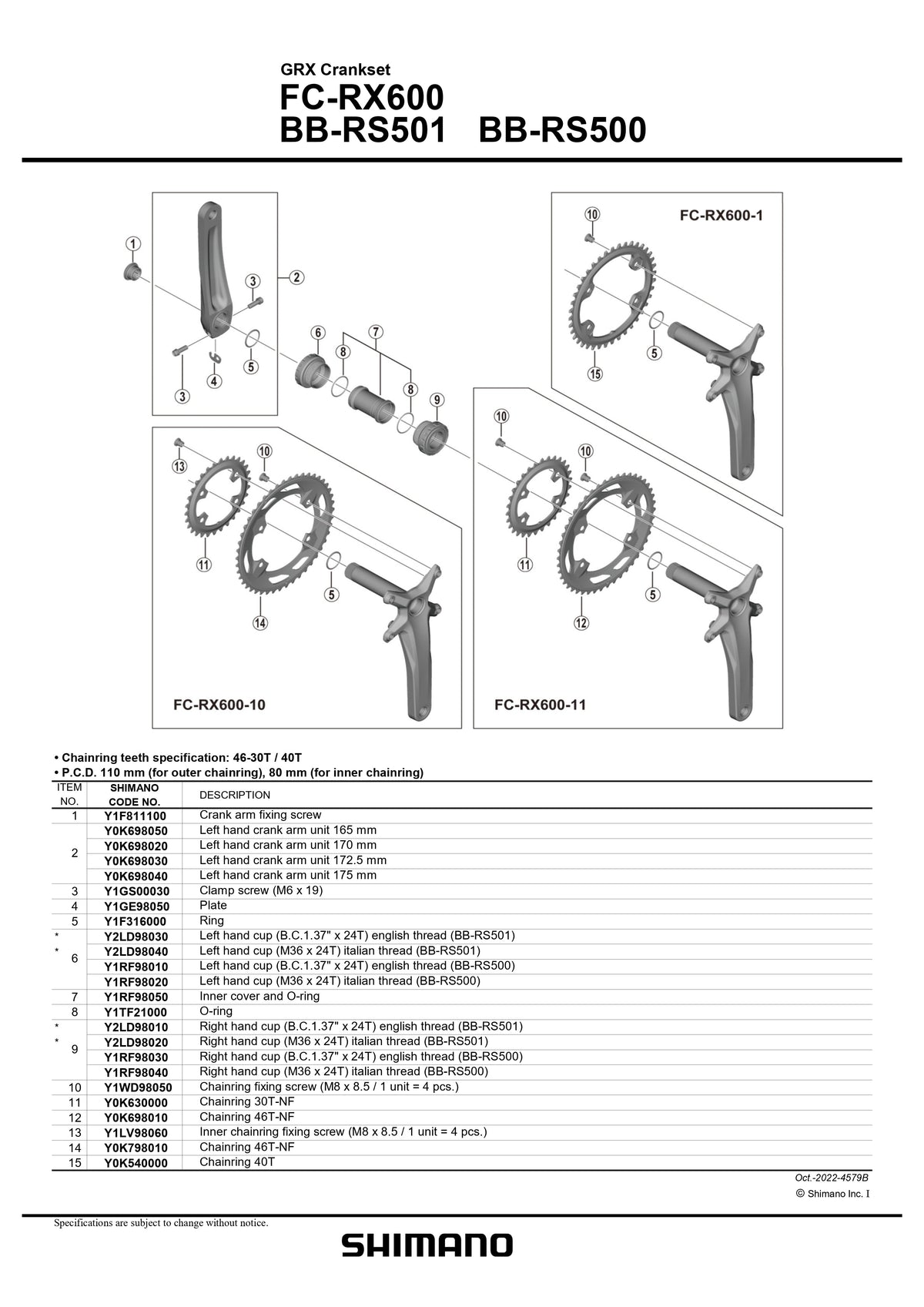 SHIMANO GRX FC-RX600-1 Crankset 110mm BCD 4 Arm Single Chainring - 40T - Y0K540000-Pit Crew Cycles