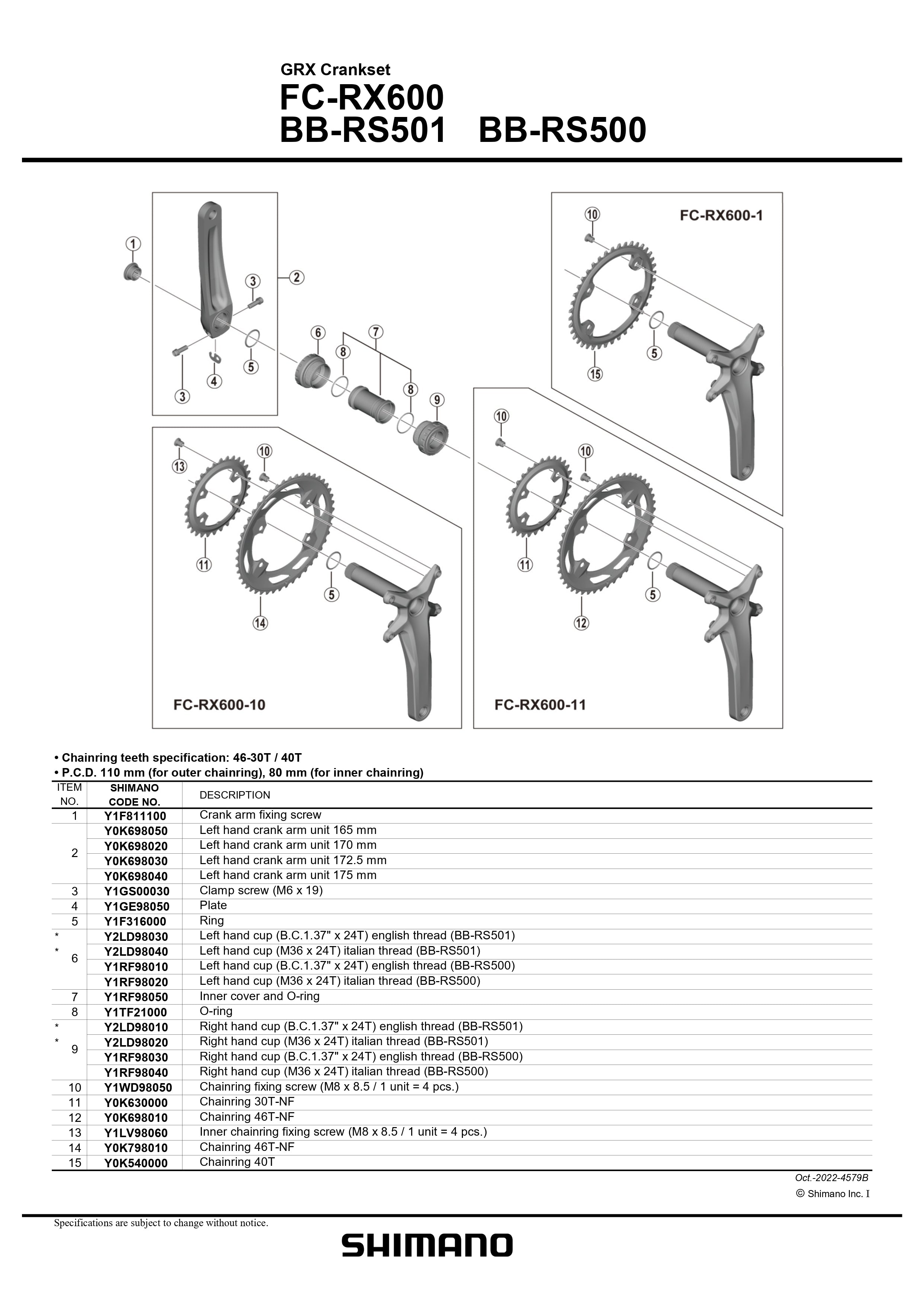 SHIMANO GRX FC-RX600-11 Crankset 110mm BCD 4 Arm Outer Chainring - 46T-NF - Y0K698010-Pit Crew Cycles