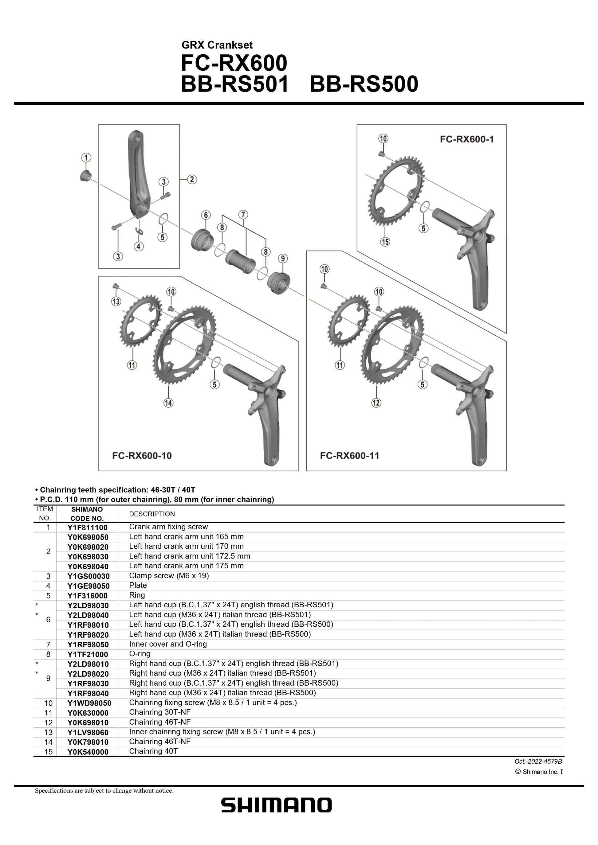 SHIMANO GRX FC-RX600 Crankset Left Hand Crank Arm Unit