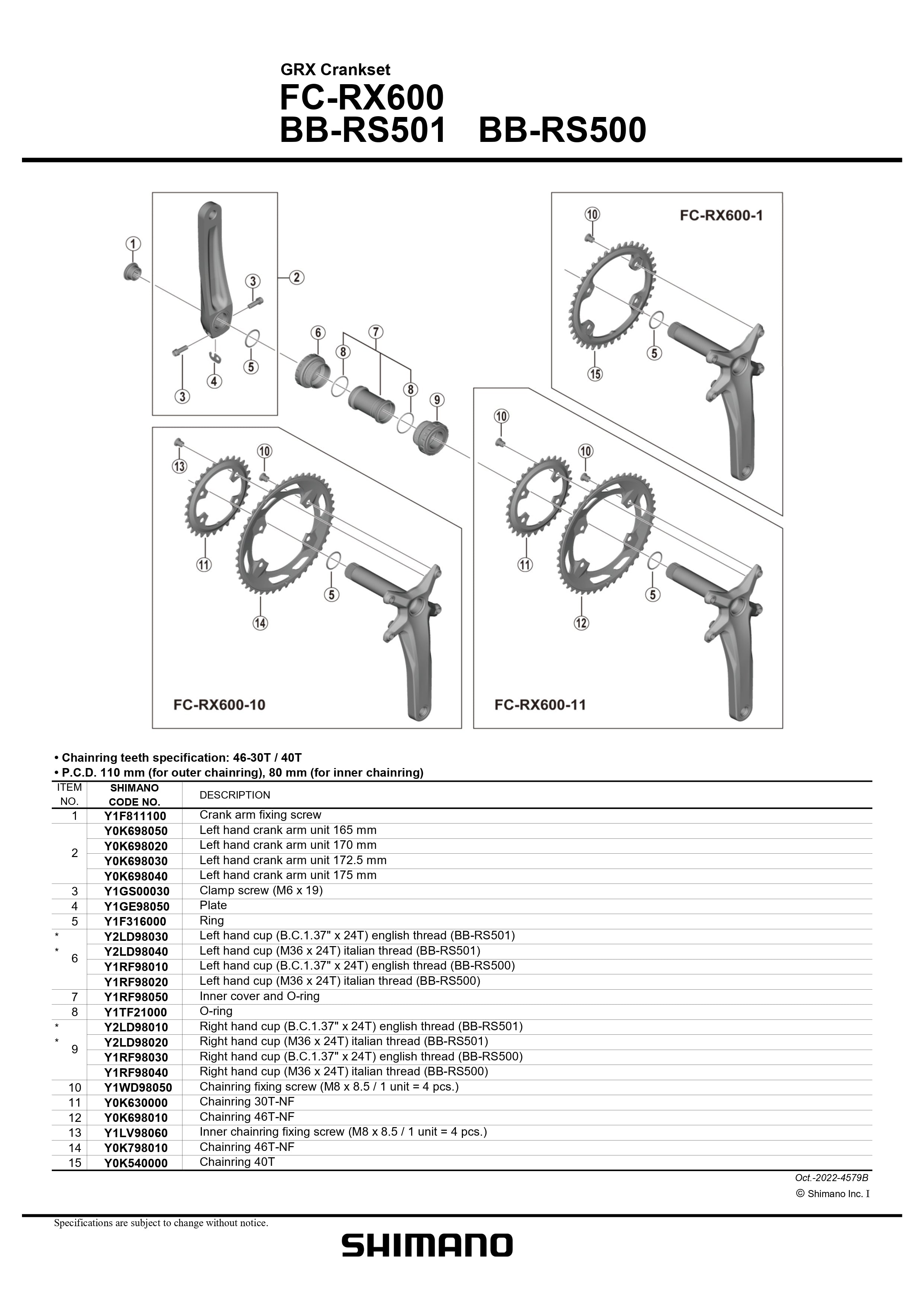 SHIMANO GRX FC-RX600 Crankset Left Hand Crank Arm Unit-Pit Crew Cycles