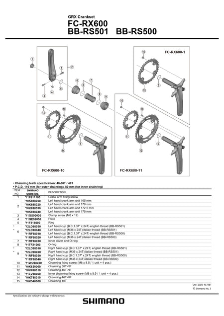 SHIMANO GRX FC-RX600 Crankset Left Hand Crank Arm Unit-Pit Crew Cycles