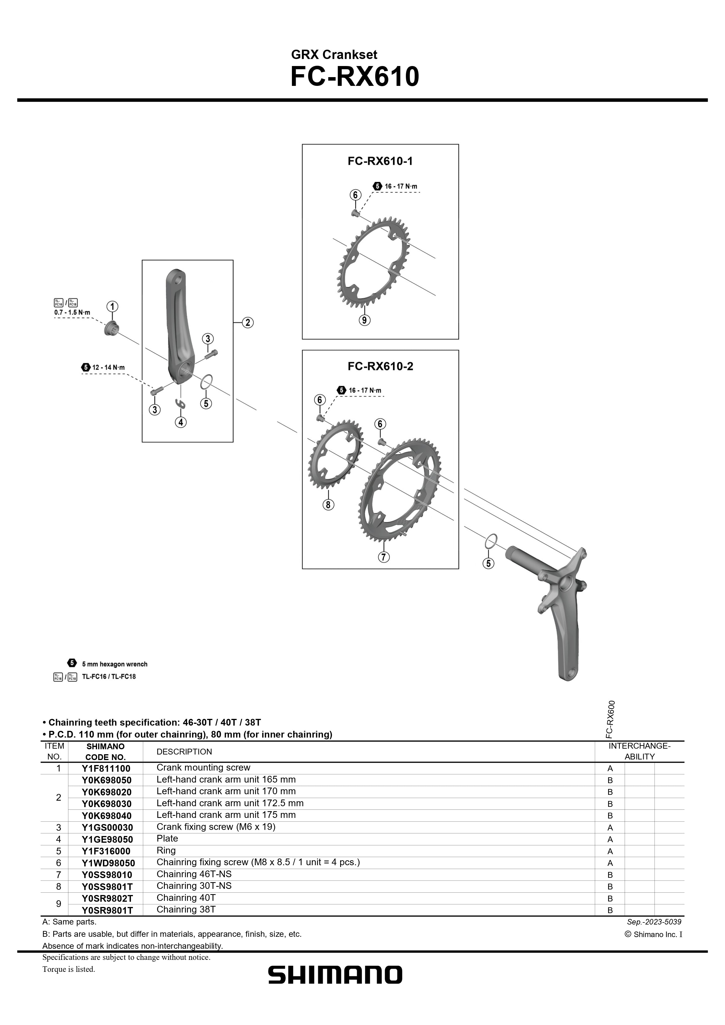 SHIMANO GRX FC-RX610 Crankset Chainring 46T-NS - Y0SS98010-Pit Crew Cycles