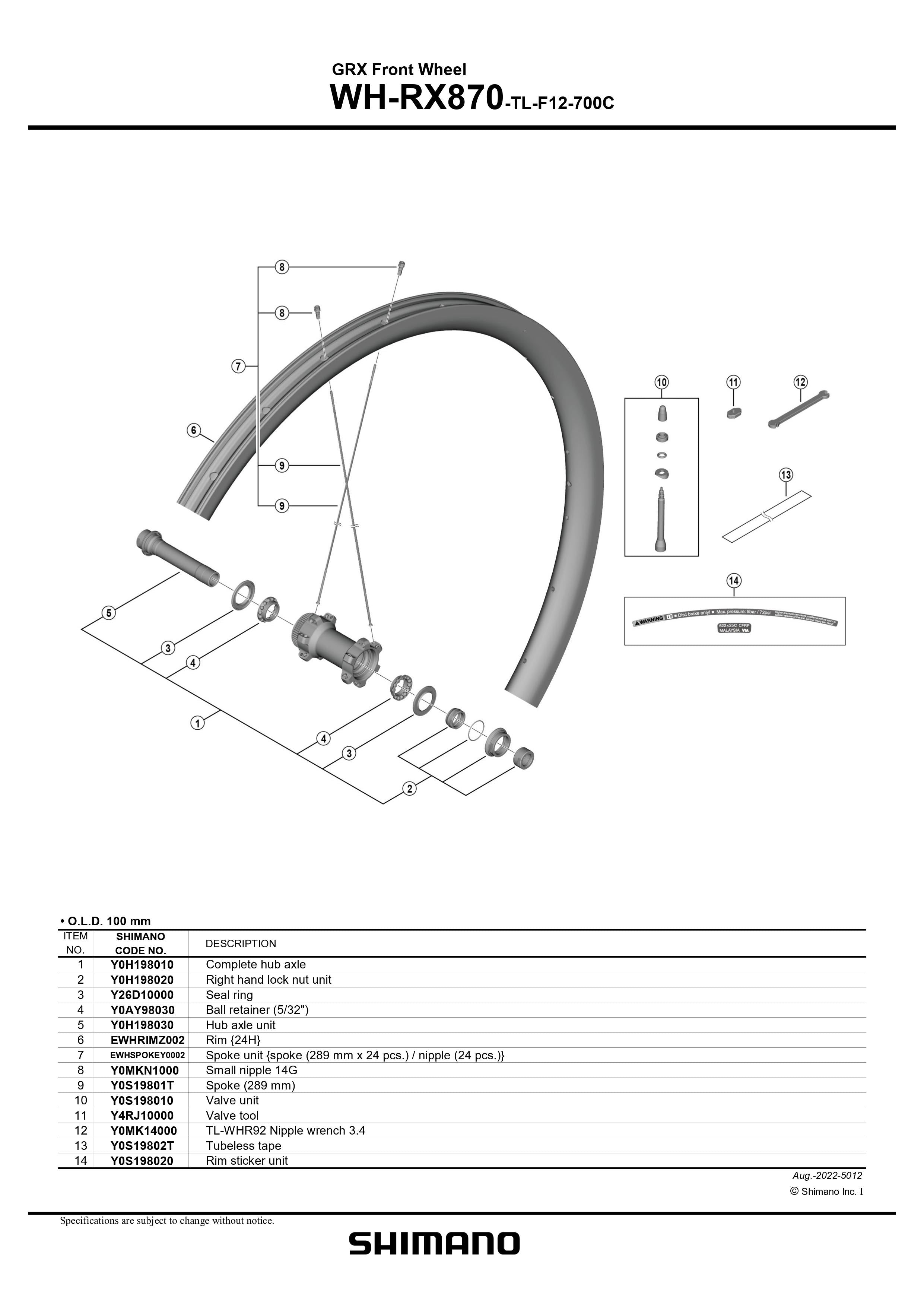 SHIMANO GRX WH-RX870-TL-F12-700C Front Wheel Tubeless tape - Y0S19802T-Pit Crew Cycles