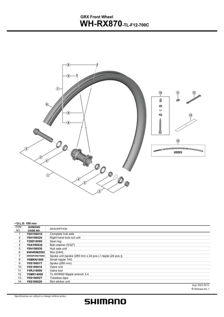 SHIMANO GRX WH-RX870-TL-F12-700C Front Wheel Tubeless tape - Y0S19802T-Pit Crew Cycles