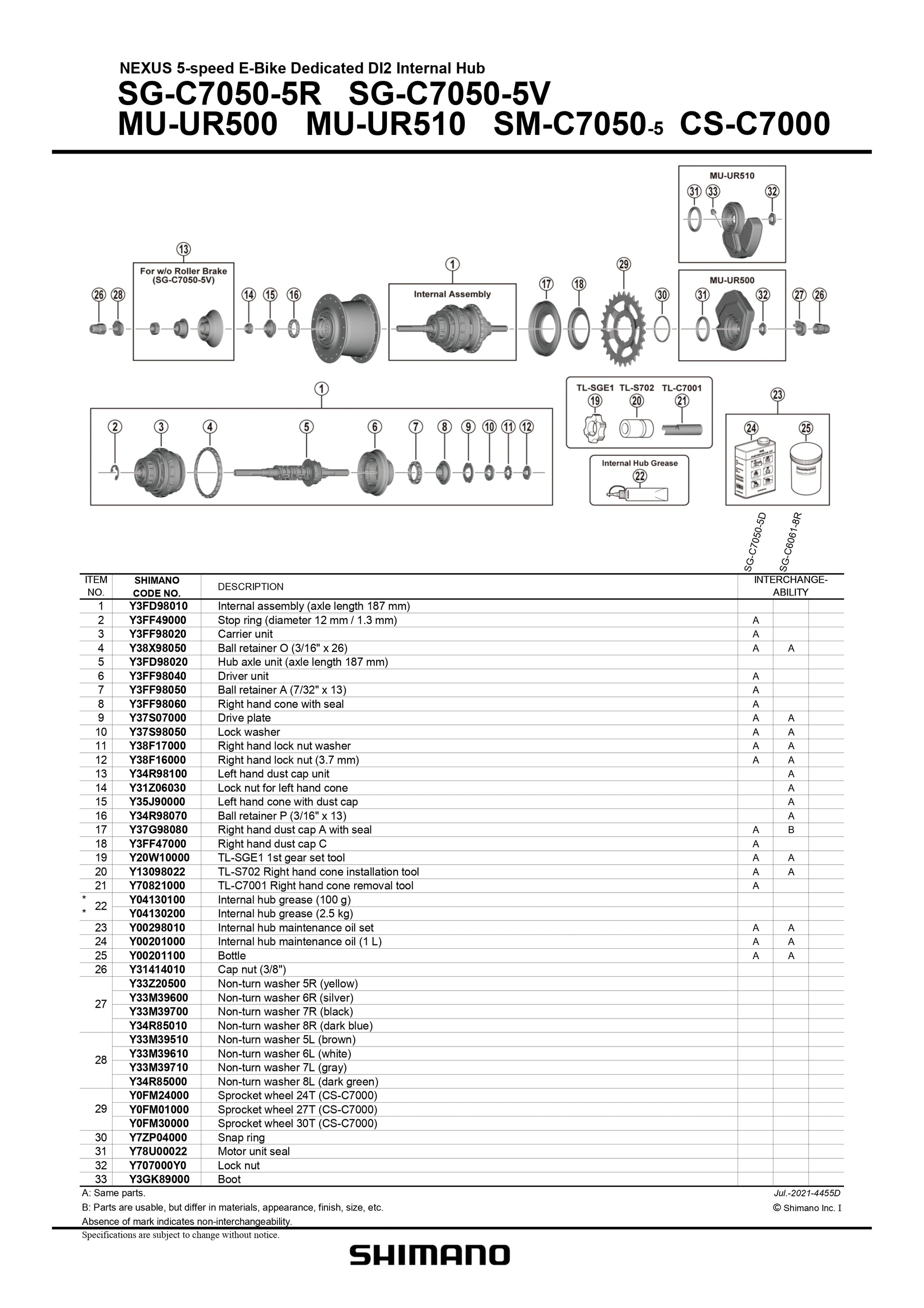 SHIMANO Nexus E-Bike Di2 SG-C7050-5R5V Internal Hub 5-Speed Internal Assembly Axle Length 187 mm - Y3FD98010-Pit Crew Cycles