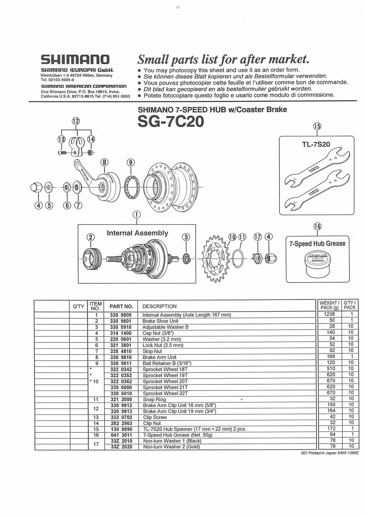 SHIMANO Nexus SG-7C20 Hub 7-Speed Ball Retainer F Small Right Hand 3/16"x12 - Y33091600-Pit Crew Cycles