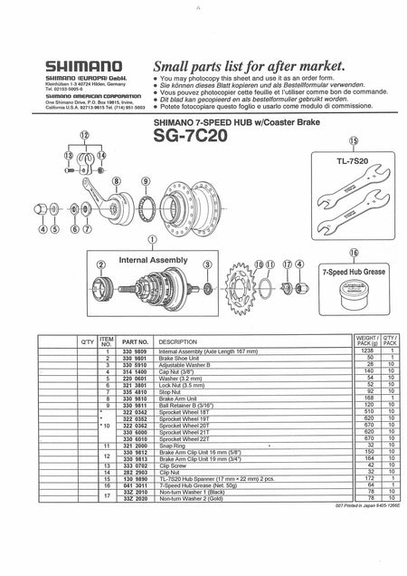 SHIMANO Nexus SG-7C20 Hub 7-Speed Ball Retainer F Small Right Hand 3/16"x12 - Y33091600-Pit Crew Cycles