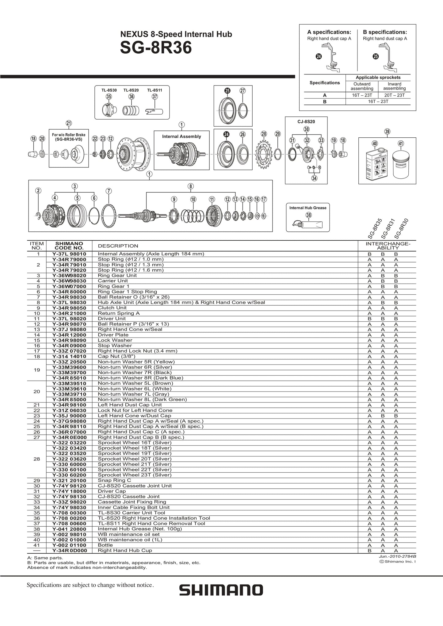SHIMANO Nexus SG-8R36 Internal Hub 8-Speed Internal Assembly Axle Length 184 mm - Y37L98010-Pit Crew Cycles