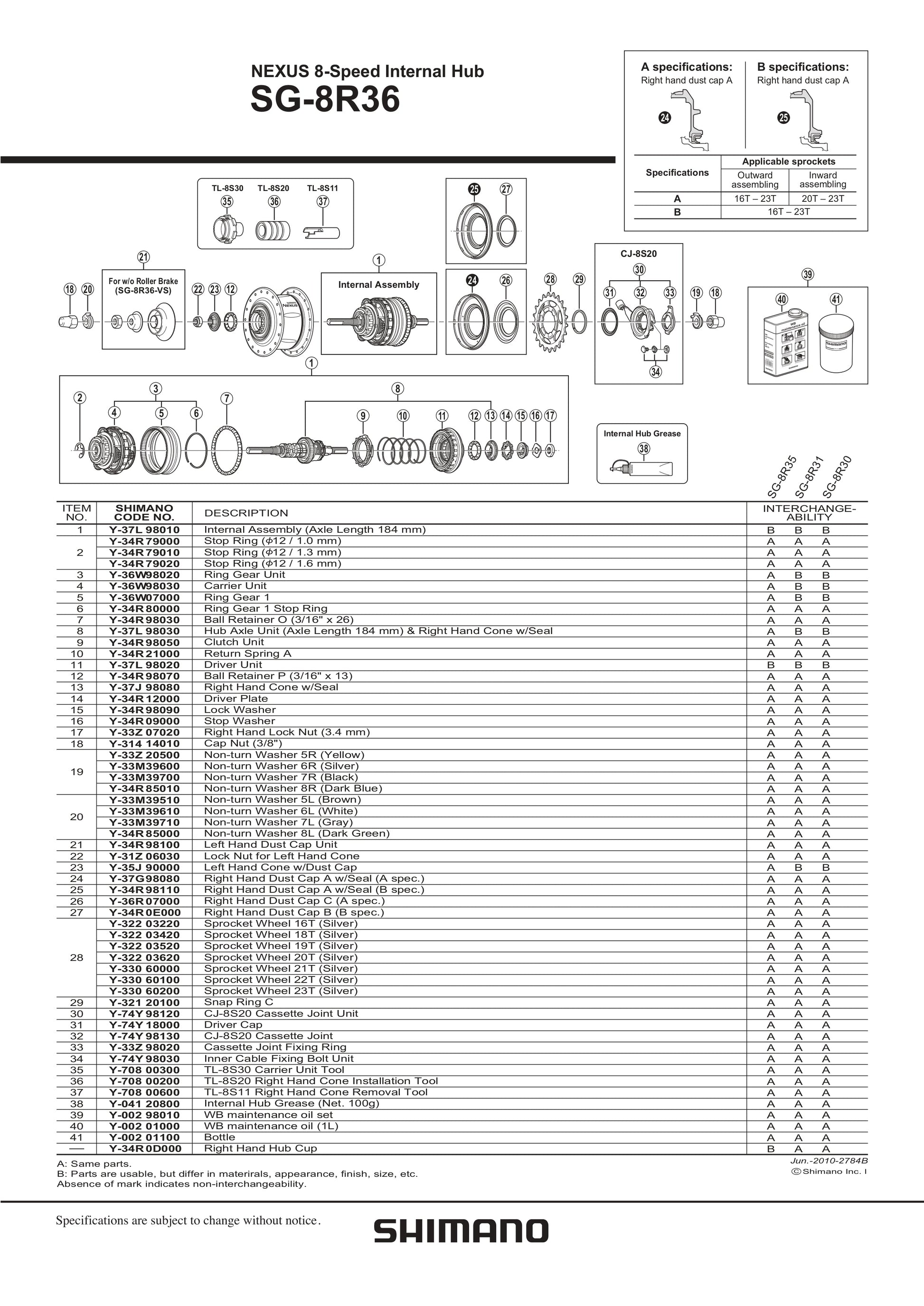 SHIMANO Nexus SG-8R36 Internal Hub 8-Speed Internal Assembly Axle Length 184 mm - Y37L98010-Pit Crew Cycles