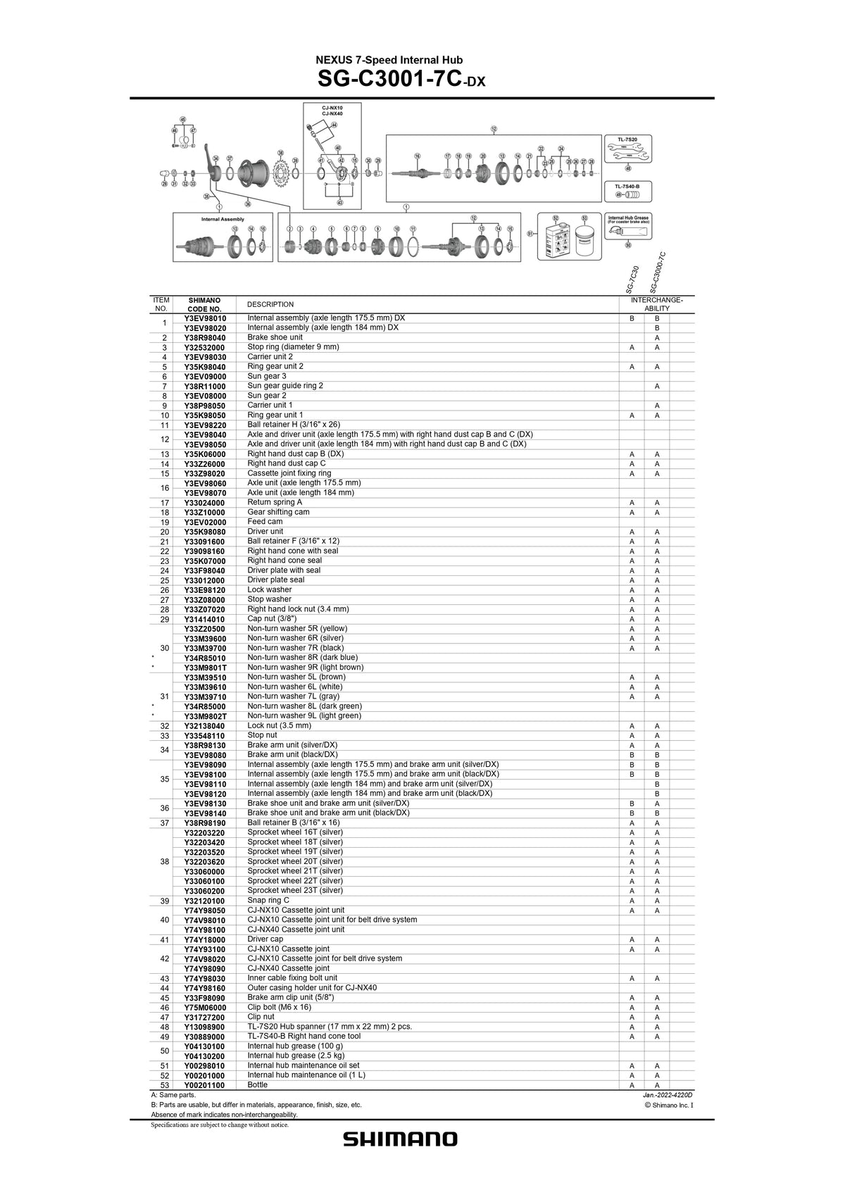 SHIMANO Nexus SG-C3001-7C-DX Hub 7-Speed Internal Assembly-Pit Crew Cycles