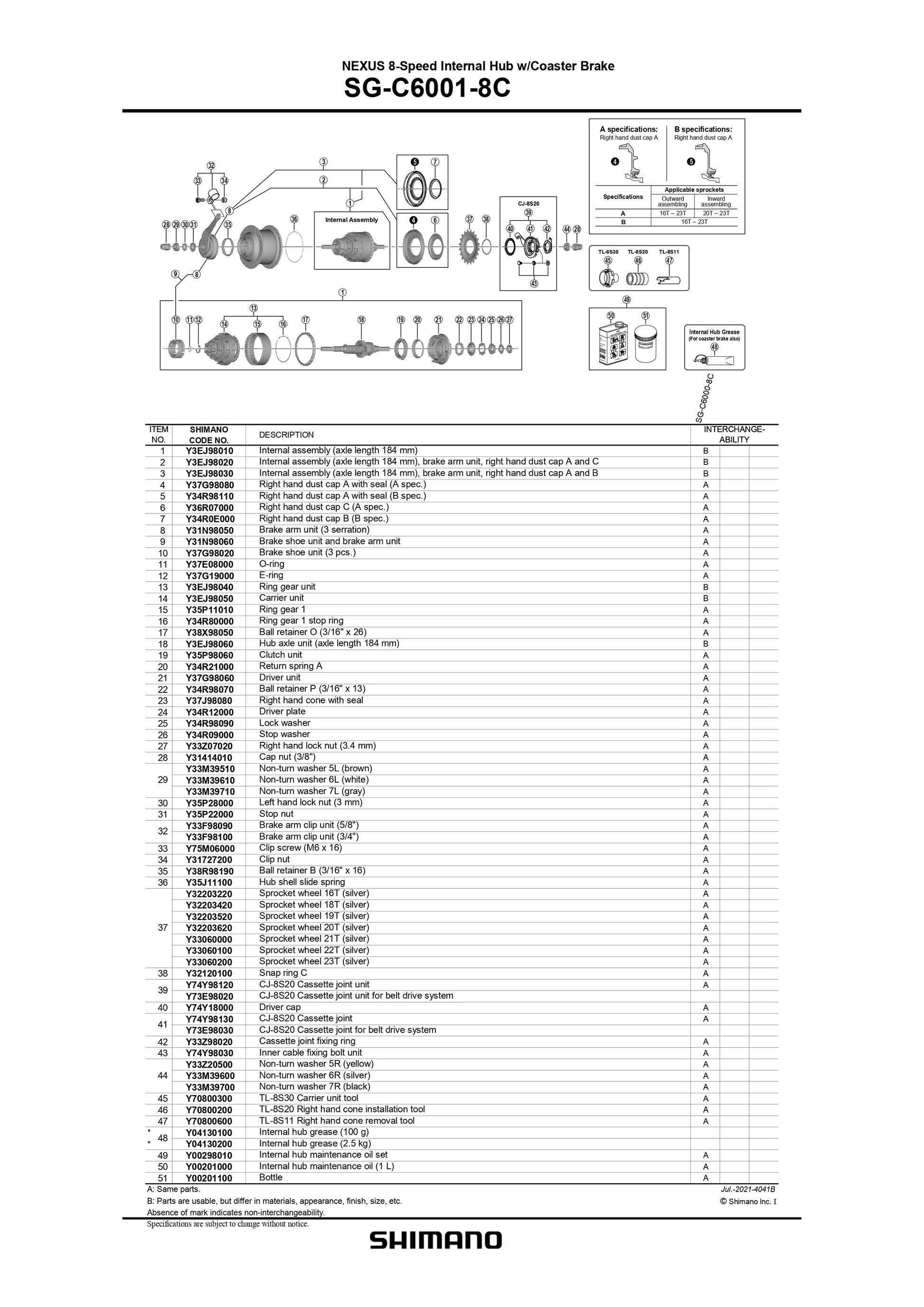 SHIMANO Nexus SG-C6001-8C Internal Hub 8-Speed Internal Assembly Axle Length 184mm - Y3EJ98010-Pit Crew Cycles