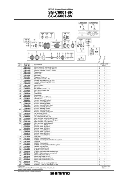SHIMANO Nexus SG-C6001-8R8V Internal Hub 8-Speed Internal Assembly Axle Length 184 mm - Y3EH98010-Pit Crew Cycles