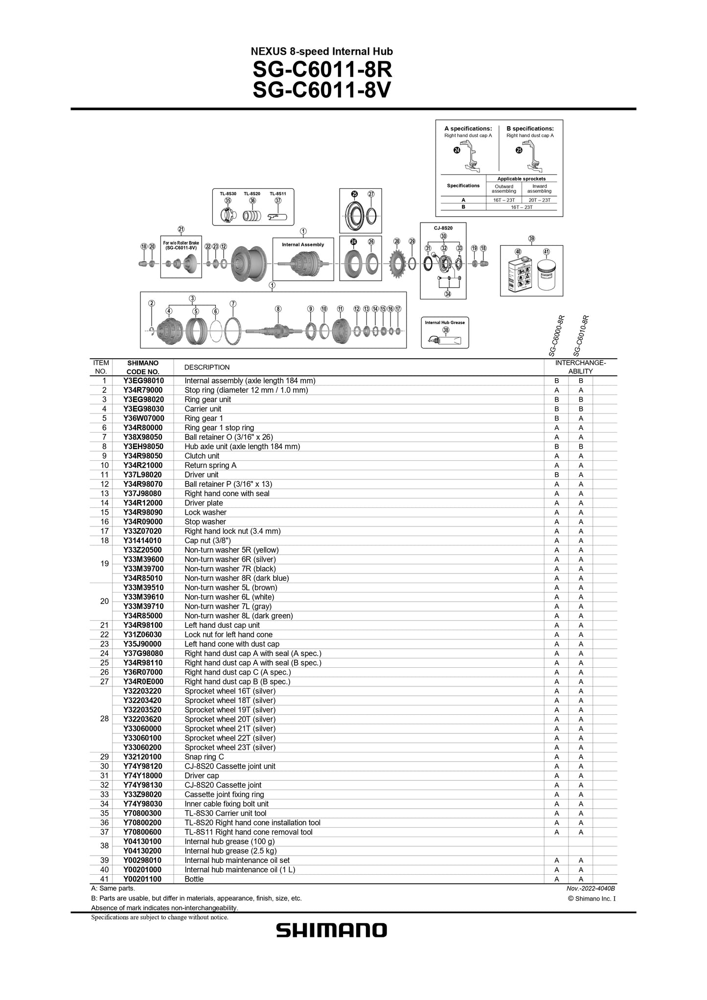 SHIMANO Nexus SG-C6011-8R Internal Hub 8-Speed Internal Assembly Axle Length 184 mm - Y3EG98010-Pit Crew Cycles