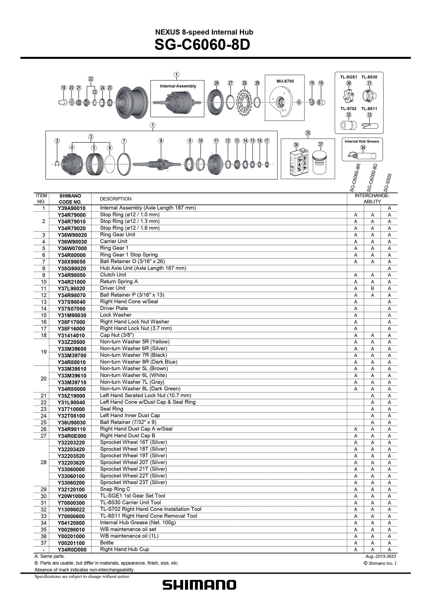 SHIMANO Nexus SG-C6060-8D Internal Hub 8-Speed Internal Assembly Axle Length 187 mm - Y39A98010-Pit Crew Cycles