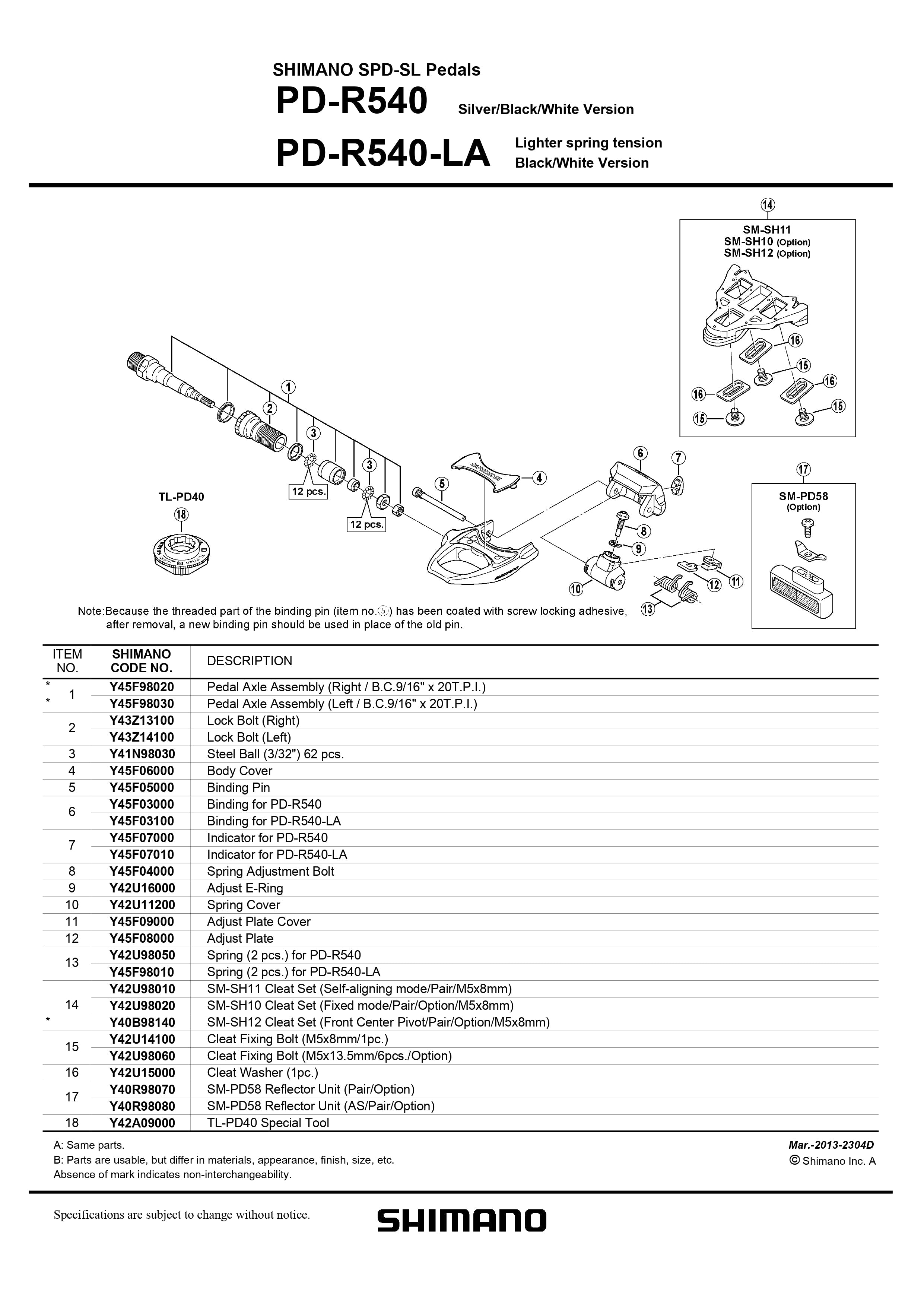 SHIMANO PD-R540, PD-R540-LA Lighter Spring Tension SPD-SL Pedals Small  Pedal Parts