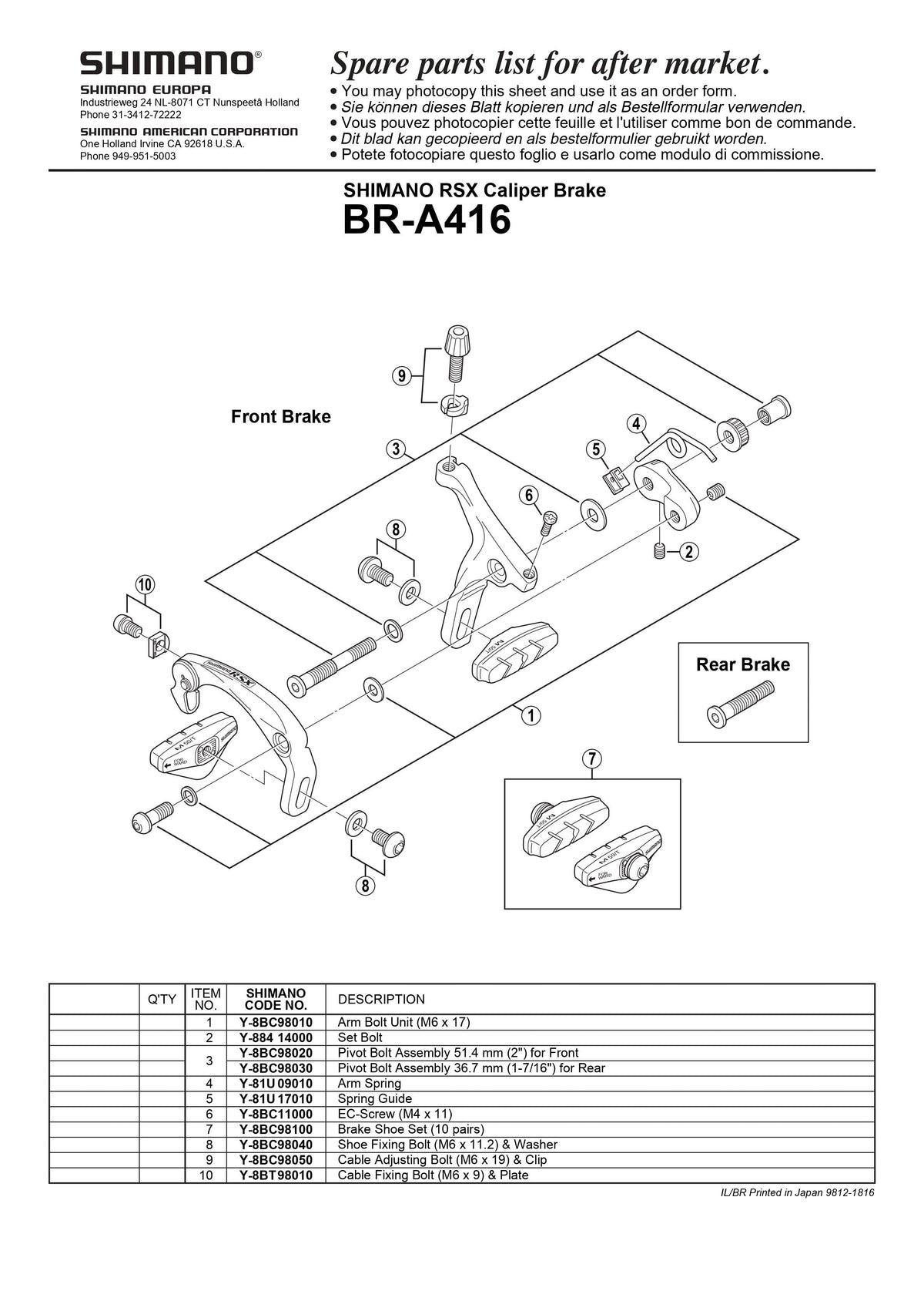 SHIMANO RSX BR-A416 Brake Caliper Cable Fixing Bolt and Plate 2-Piston - M6 x 9 - Y8BT98010-Pit Crew Cycles