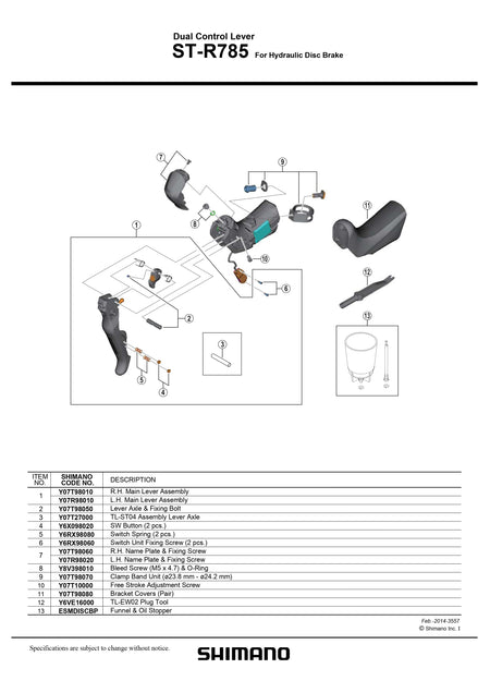 SHIMANO Road Di2 ST-R785 Main Lever Assembly - Y07R98010-Pit Crew Cycles