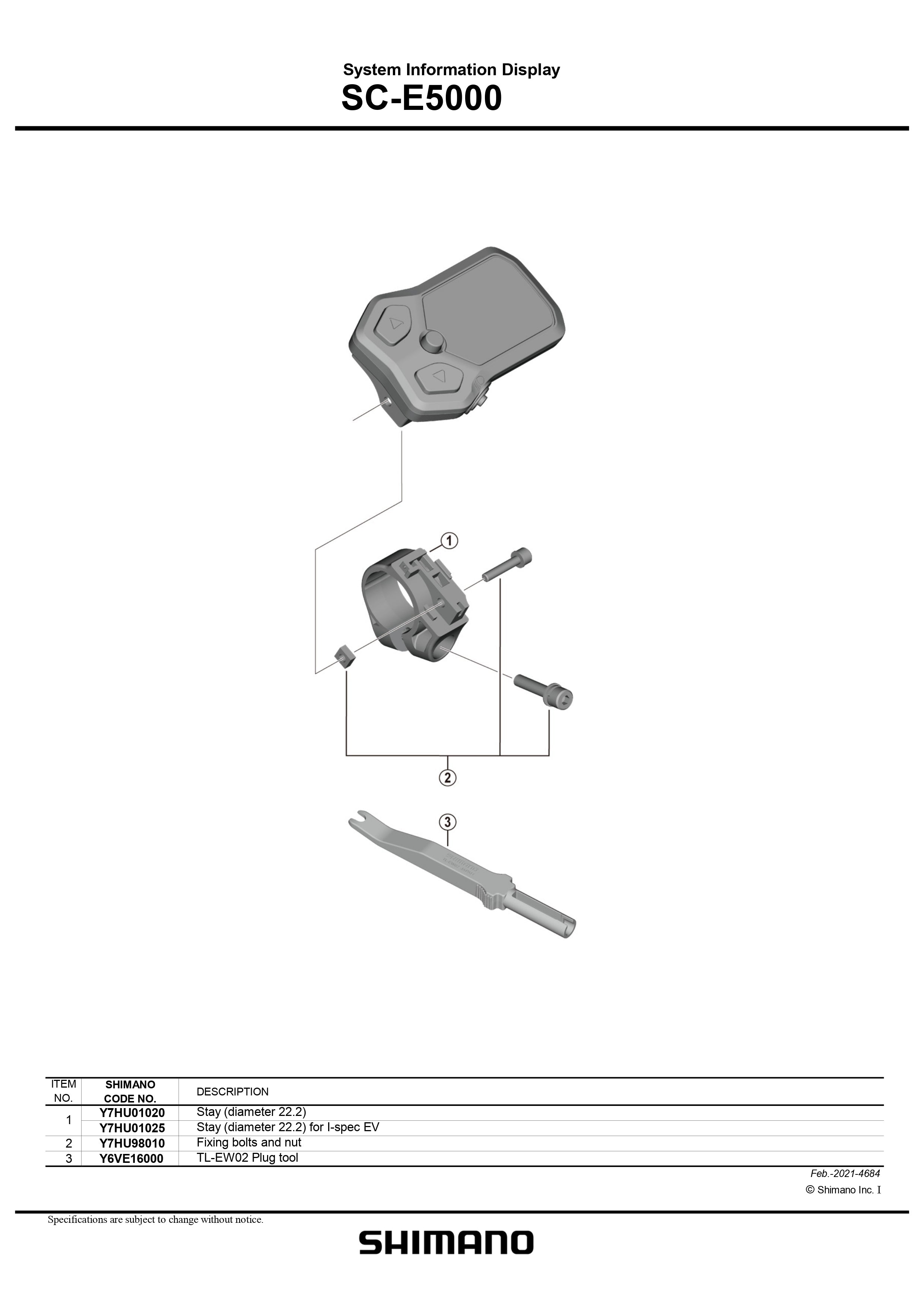SHIMANO SC-E5000 System Information Display Stay Diameter 22.2 for I-spec EV - Y7HU01025-Pit Crew Cycles