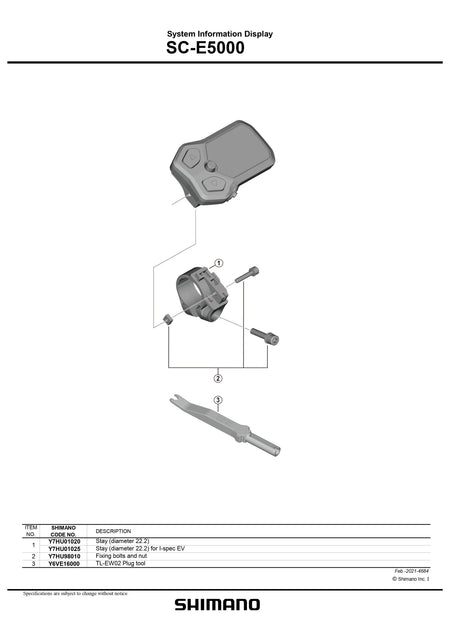 SHIMANO SC-E5000 System Information Display Stay Diameter 22.2 for I-spec EV - Y7HU01025-Pit Crew Cycles