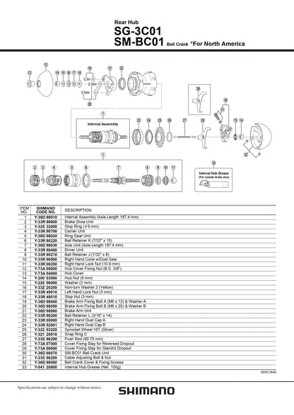 SHIMANO SG-3C01 Rear Hub Axle Unit Axle Length 187.4 mm - Y36D98030-Pit Crew Cycles