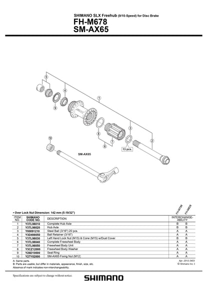 SHIMANO SLX FH-M678 Freehub 9/10-Speed for Disc Brake Rear Complete Hub Axle Unit 12x142mm - Y3TL98010-Pit Crew Cycles